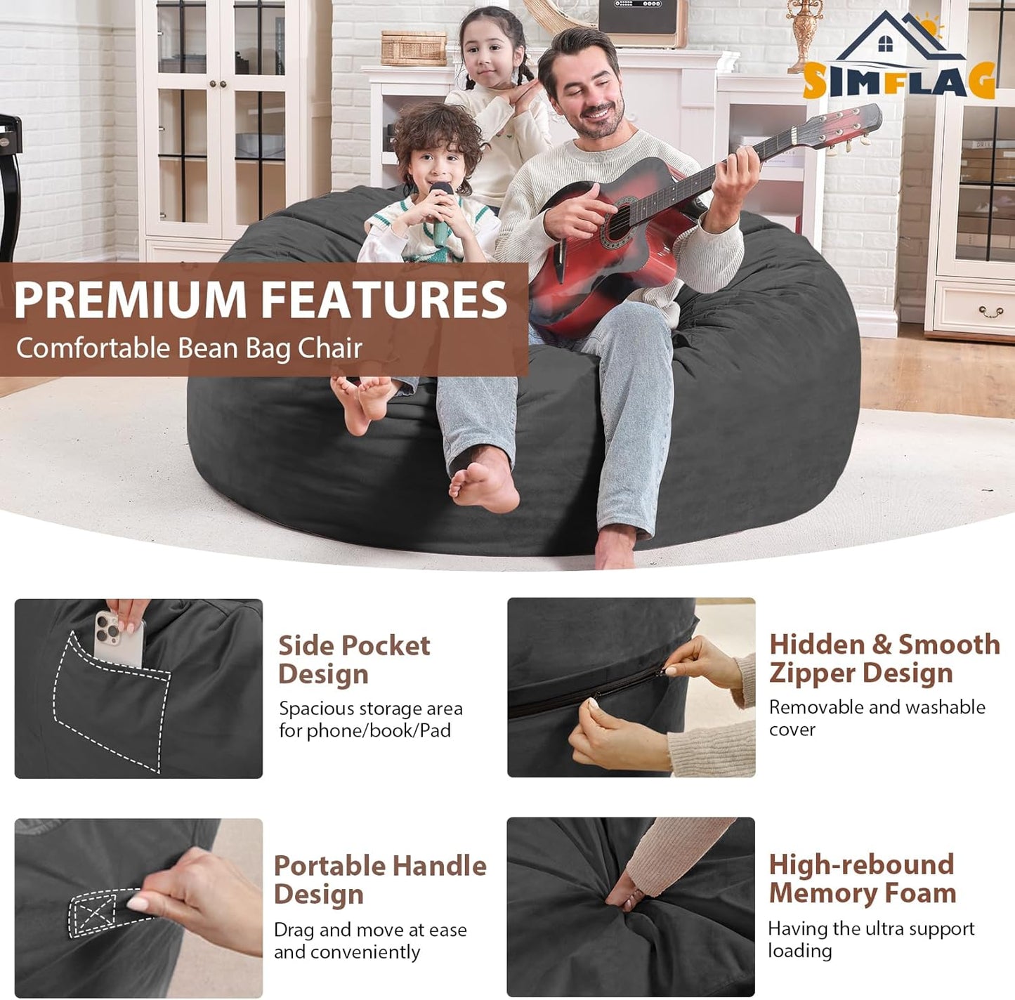 4FT Bean Bag Chair, Large Bean Bag Chairs with Memory Foam Filled, Fluffy Beanbag Sofa with Dutch Velvet Cover, Round BeanBag Chairs for Living Room, Playroom - Grey