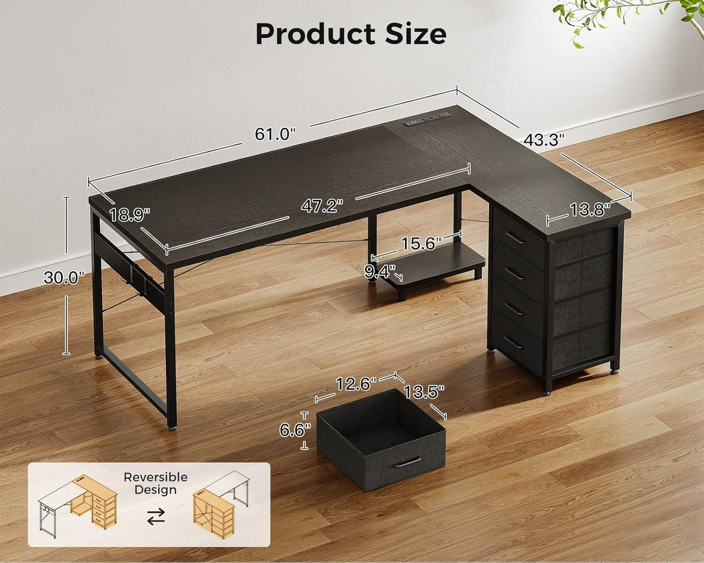AODK L Shaped Gaming Desk with 4 Drawers, 61" Reversible Home Office Desks with Power Outlets, L Shaped Computer Desk with USB Charging Port and Host Stand, Corner Desk, Easy to Assemble, Black
