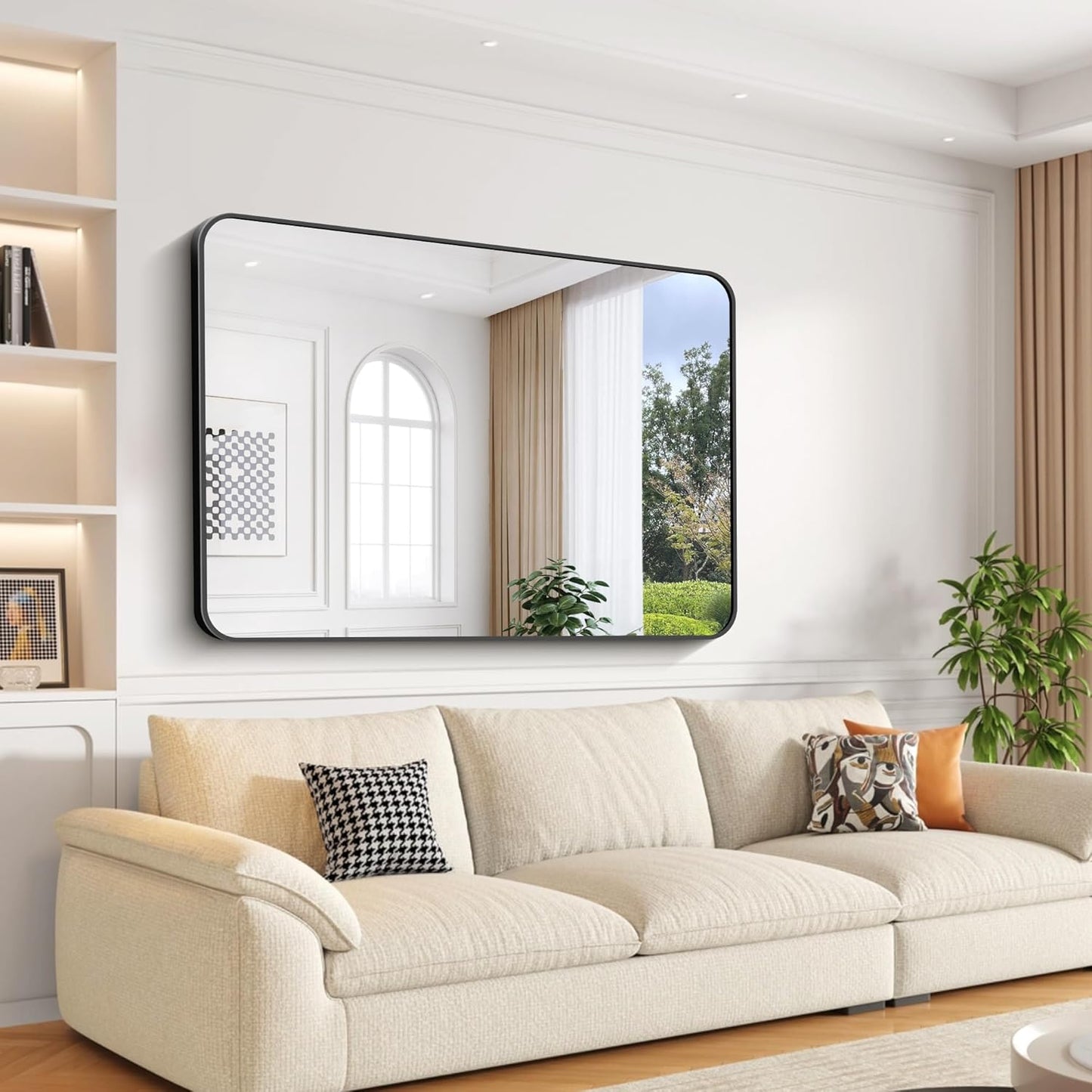 Bathroom Mirror, 55x36 inch Black Rectangle Wall Mirror, Metal Frame Rounded Corner Vanity Mirror, Large Wall Mounted Mirrors for Over Sink Bedroom Living Room Horizontal Or Vertical Mounting