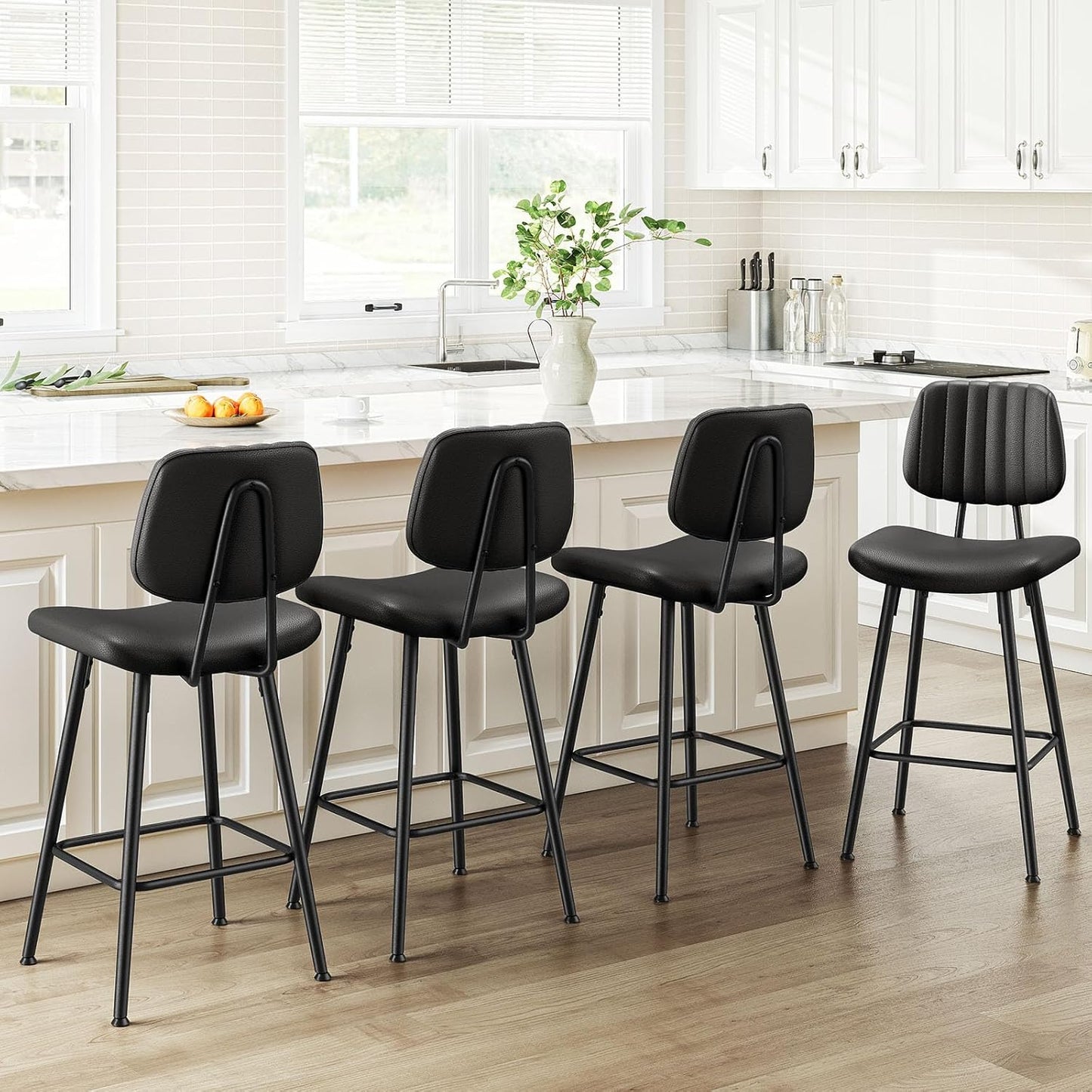 24-Inch Leather Bar Stools Set of 4, Counter Height Barstools with High Backrest，Bar Chairs for Kitchen Island with Heavy Duty Metal Legs, Black