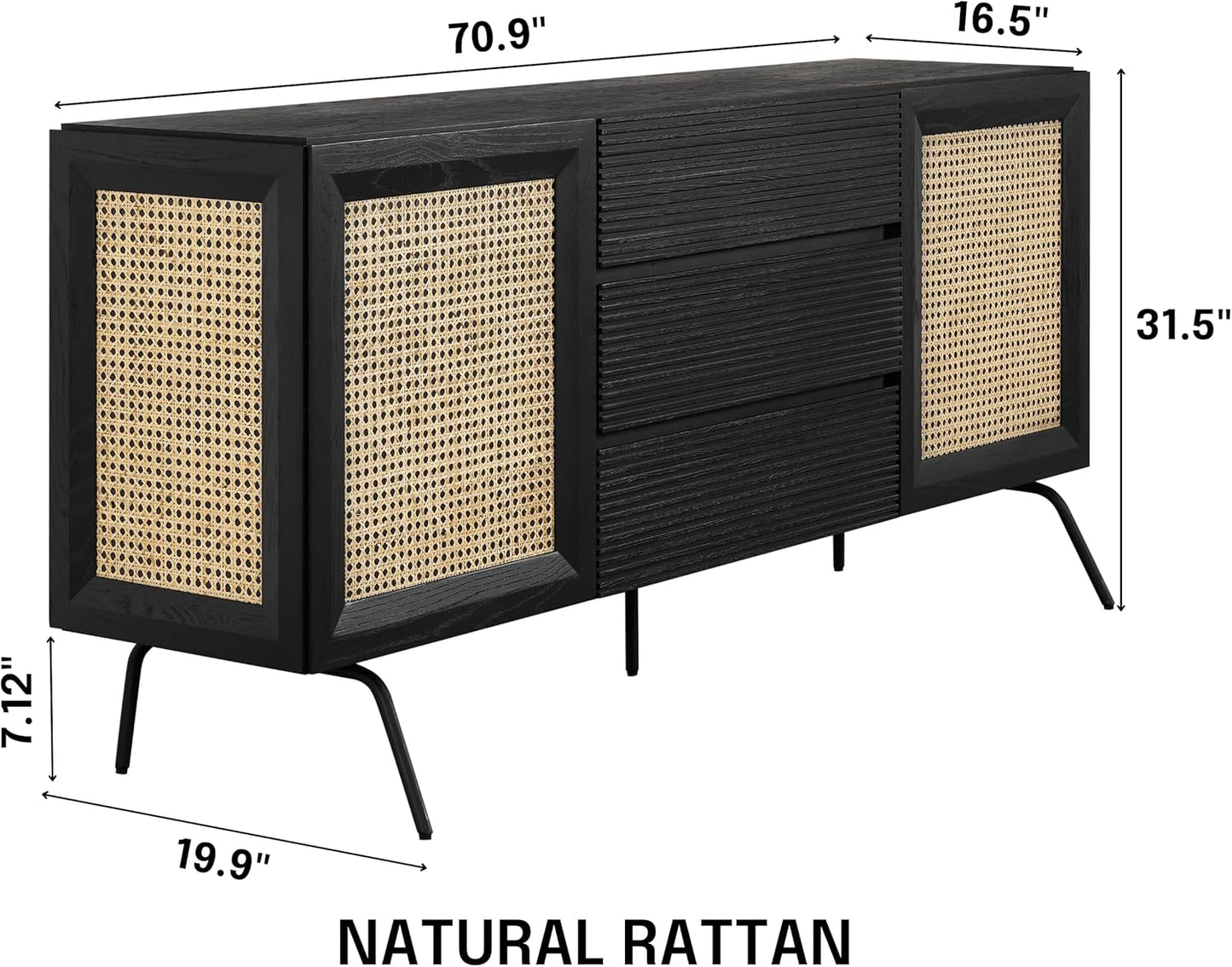 NTC MOSSIC Sideboard with 2 Doors and 3 Drawers, Buffet Cabinet with Natural Rattan and Metal Legs, Modern Storage Cabinet for Living Room, and Hallway, Effortless Assembly - Burnt Black