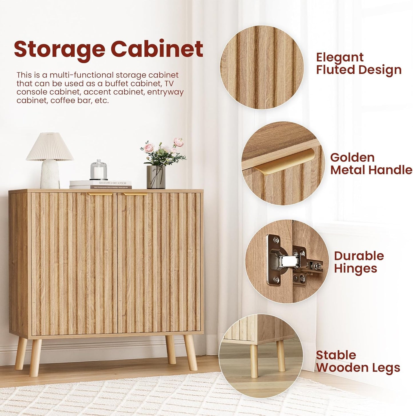 Pamapic Fluted Storage Cabinet, Sideboard Buffet Cabinet with Storage, Buffet Sideboard, Console Table, Credenza, Wood Modular Organizer with Doors & Shelf（Oak）