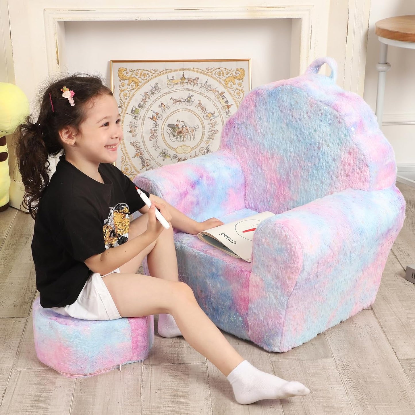 Kids Sofa with Ottoman, Shell-Like Sofa for Boys and Girls, Pink Tie Dye