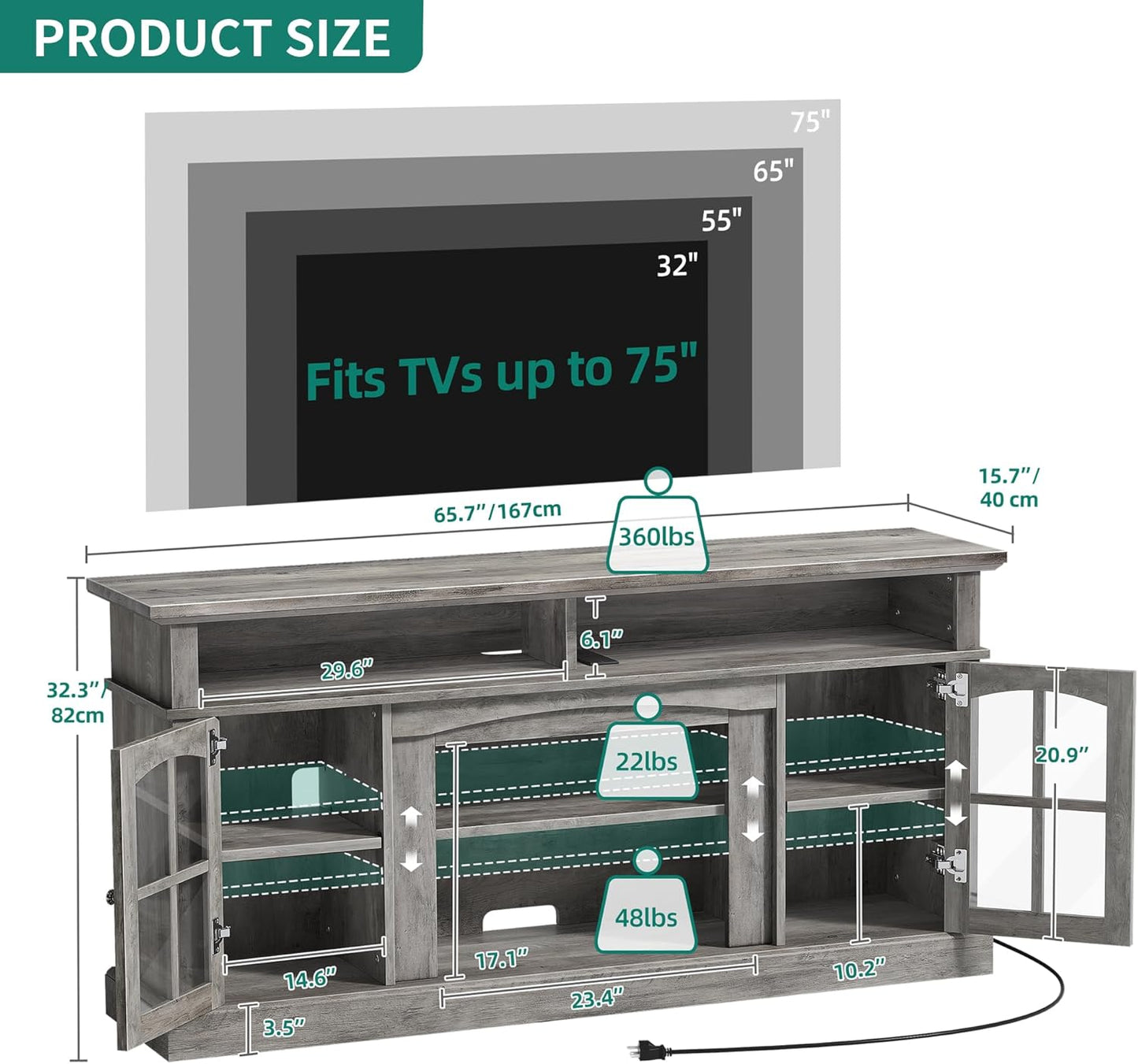 YITAHOME LED Farmhouse TV Stand for 75 Inch w/Outlets, Modern Entertainment Center with Glass Doors and Adjustable Storage Shelves, Media Console TV Cabinet for for Living Room, Grey