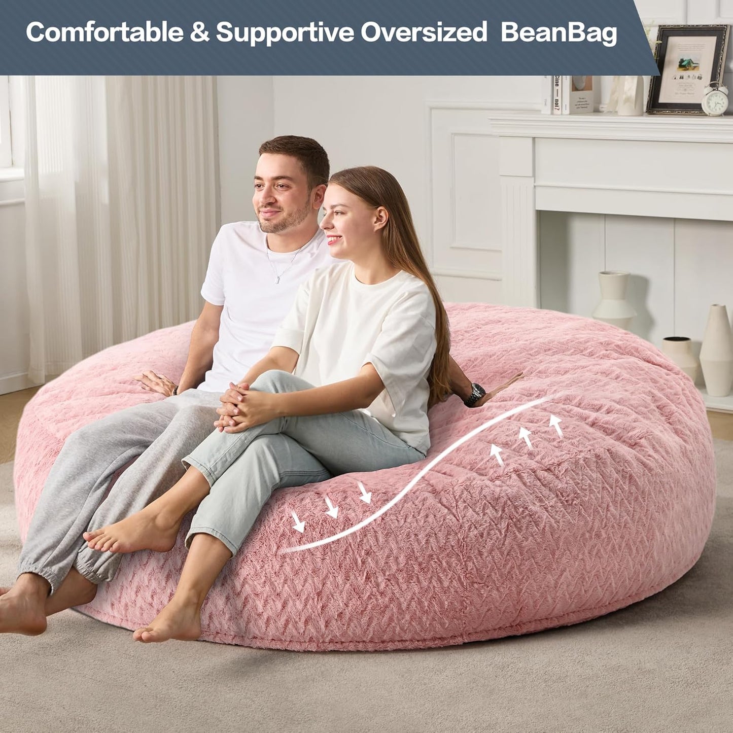 Hobestluk 6ft Bean Bag Chairs for Adults Large Beanbag Chair with Chevron Plush Fur Cover Big Bean Bag Chair for Living Room Bedroom Dorm Office - Pink (70" x 70" x 15")