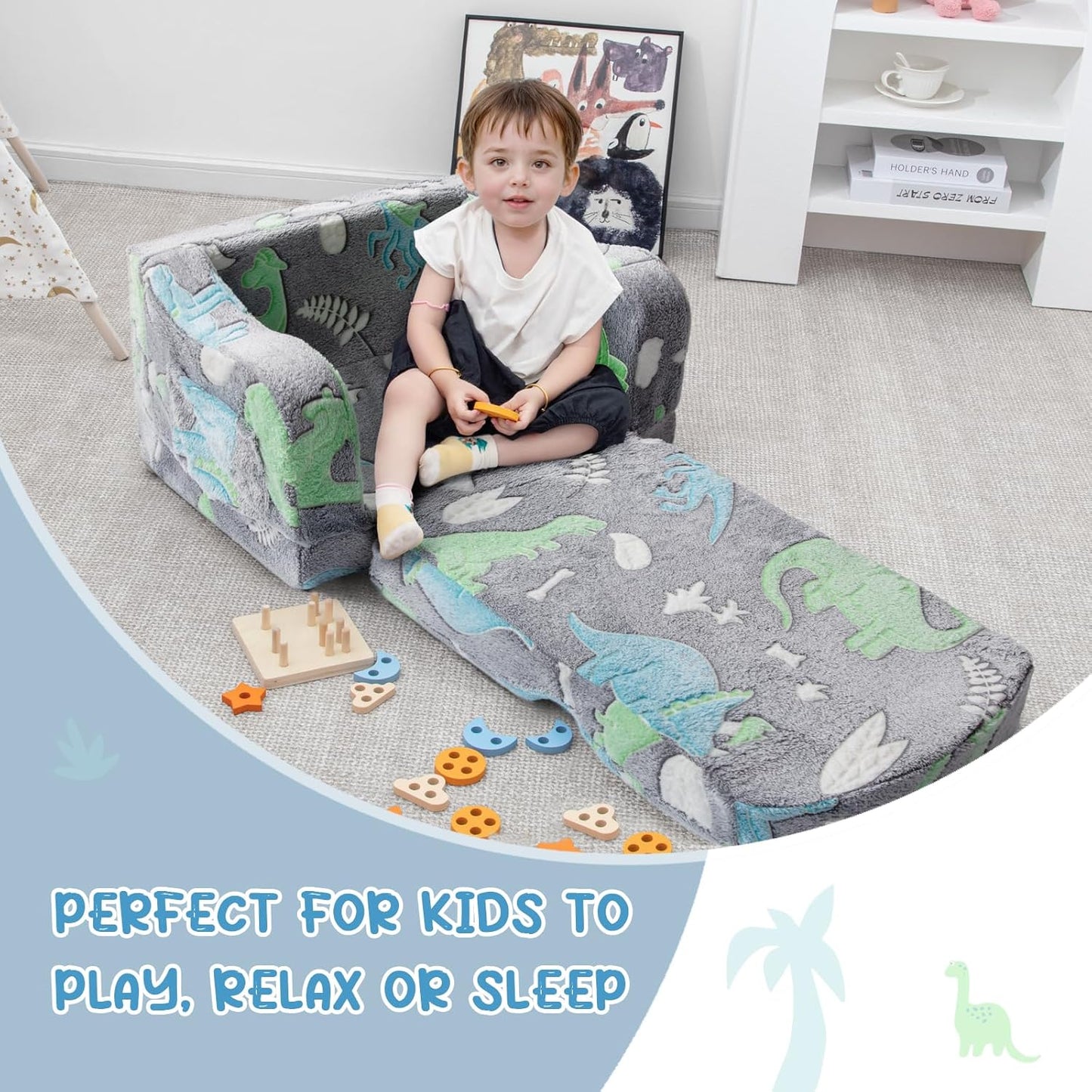 Comfy Toddler Chair and Couch for Kids with Blanket,2-in-1 Soft Plush Fold Out Toddler Couch for Girls and Boys,Convertible Sofa to Lounger for Playroom,Gray Dinosaur