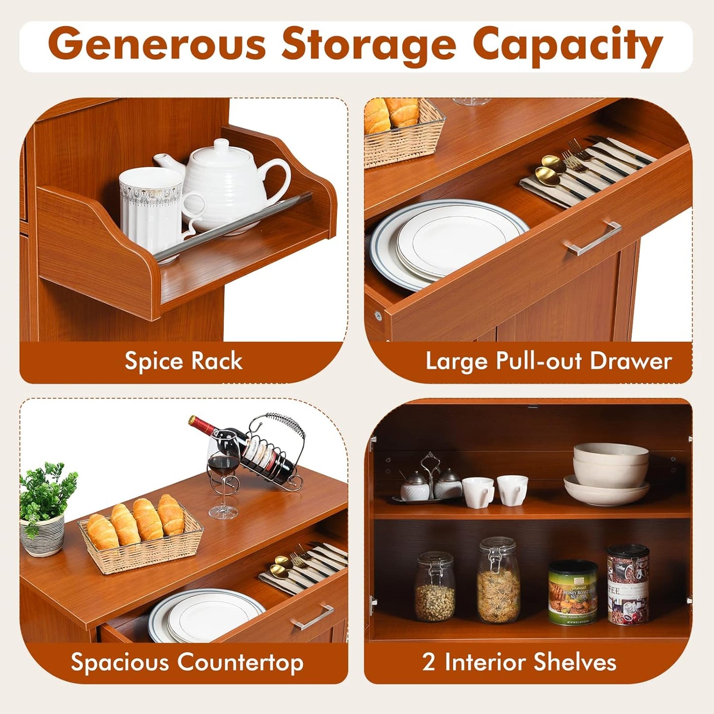 COSTWAY Kitchen Island Cart, Rolling Storage Trolley Cart with Lockable Rubber Wheels, Large Cabinet, Drawer, Spice Rack and Towel Rack, Kitchen Serving Utility, 3-Position Adjustable Shelf (Cherry)