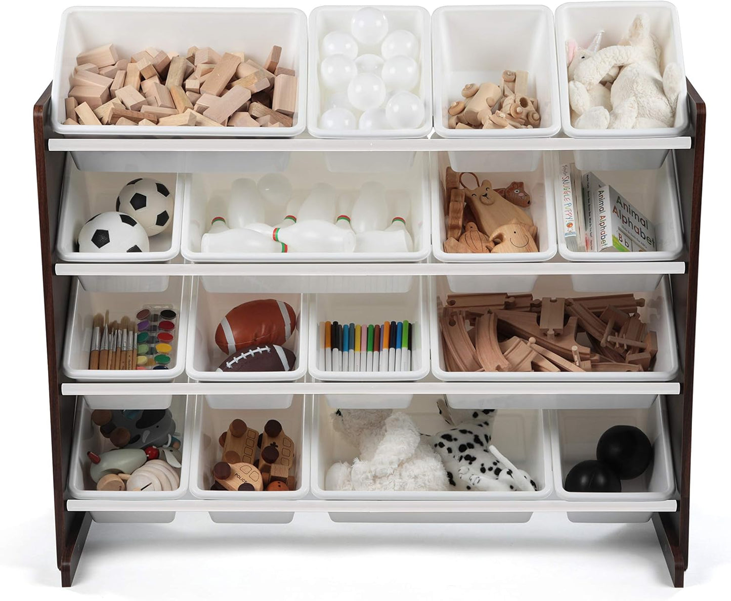 Humble Crew Supersized Toy Storage Organizer with 16 Removable Bins, Espresso/White – Large Toy Storage for Toddlers Ideal for Kids' Rooms, Playrooms, and Nurseries - Modern Toy Bins for Kids
