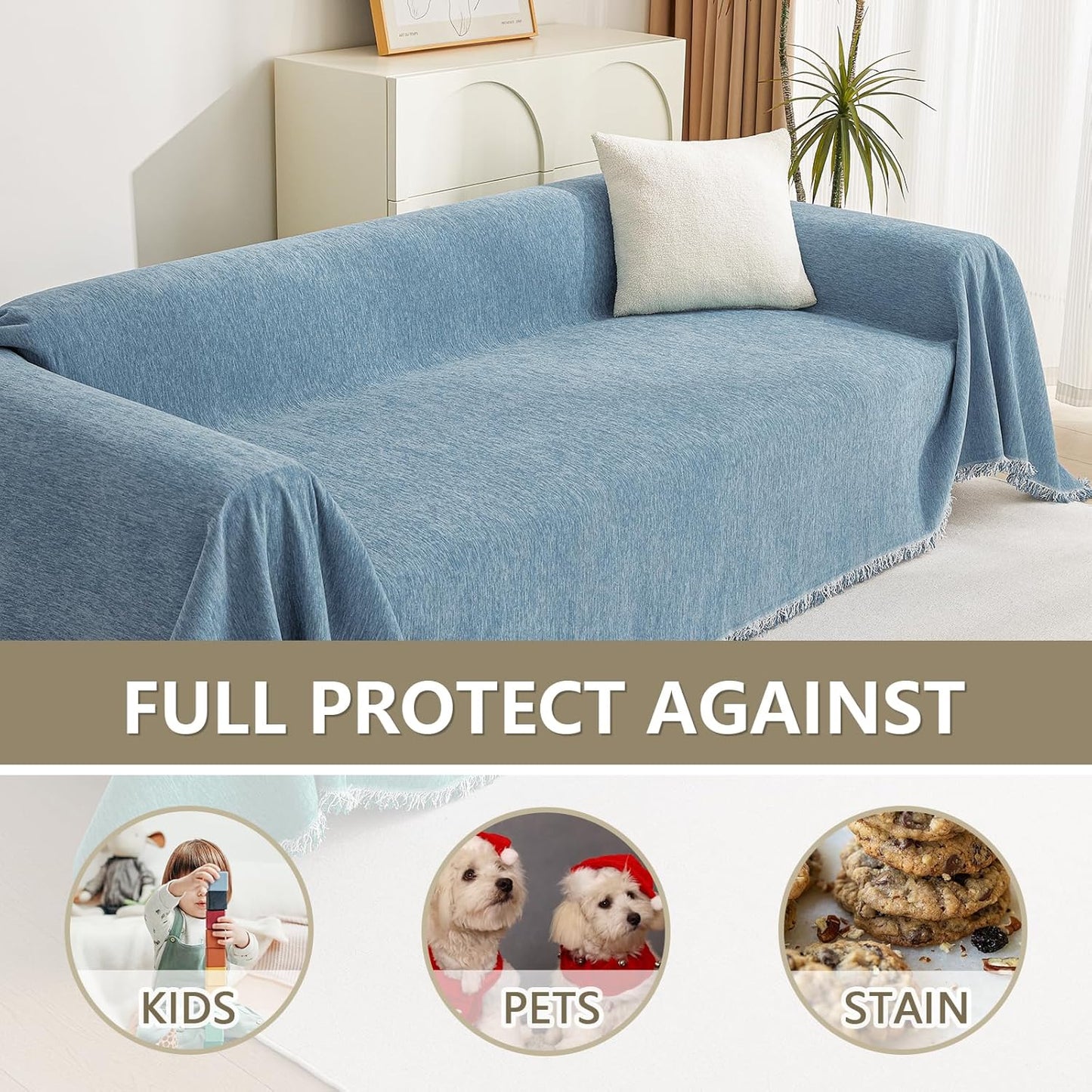MYSKY HOME Chenille Couch Cover, Sofa Slipcover for 1-2 Cushion Sectional Couch, Machine Washable Soft Furniture Protector with Tassels, Futon Sofa Covers, Throw for Dogs, Kids, 71" x 102", Blue
