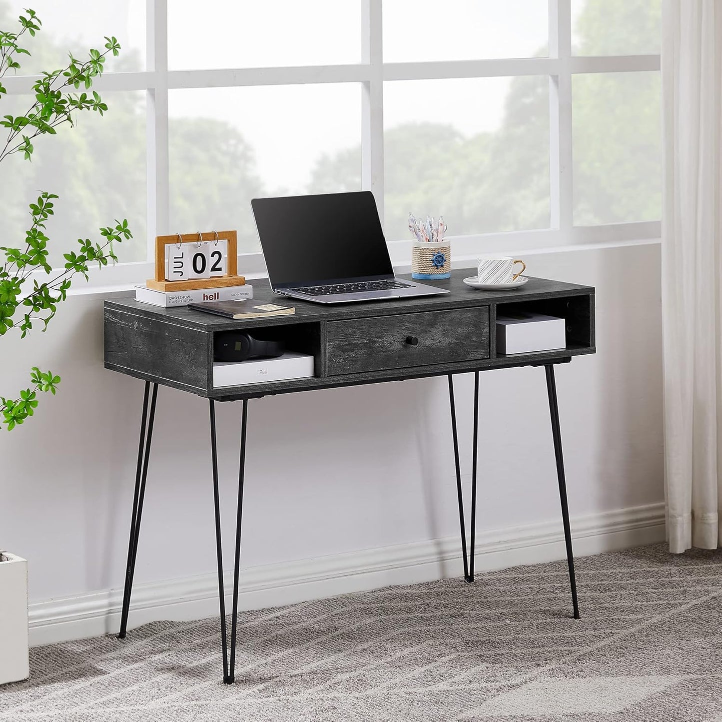 VECELO 39.3" Home Office Work Table with Drawers,Computer Desk with Hairpin Leg for Writing/Study,Charcoal Grey
