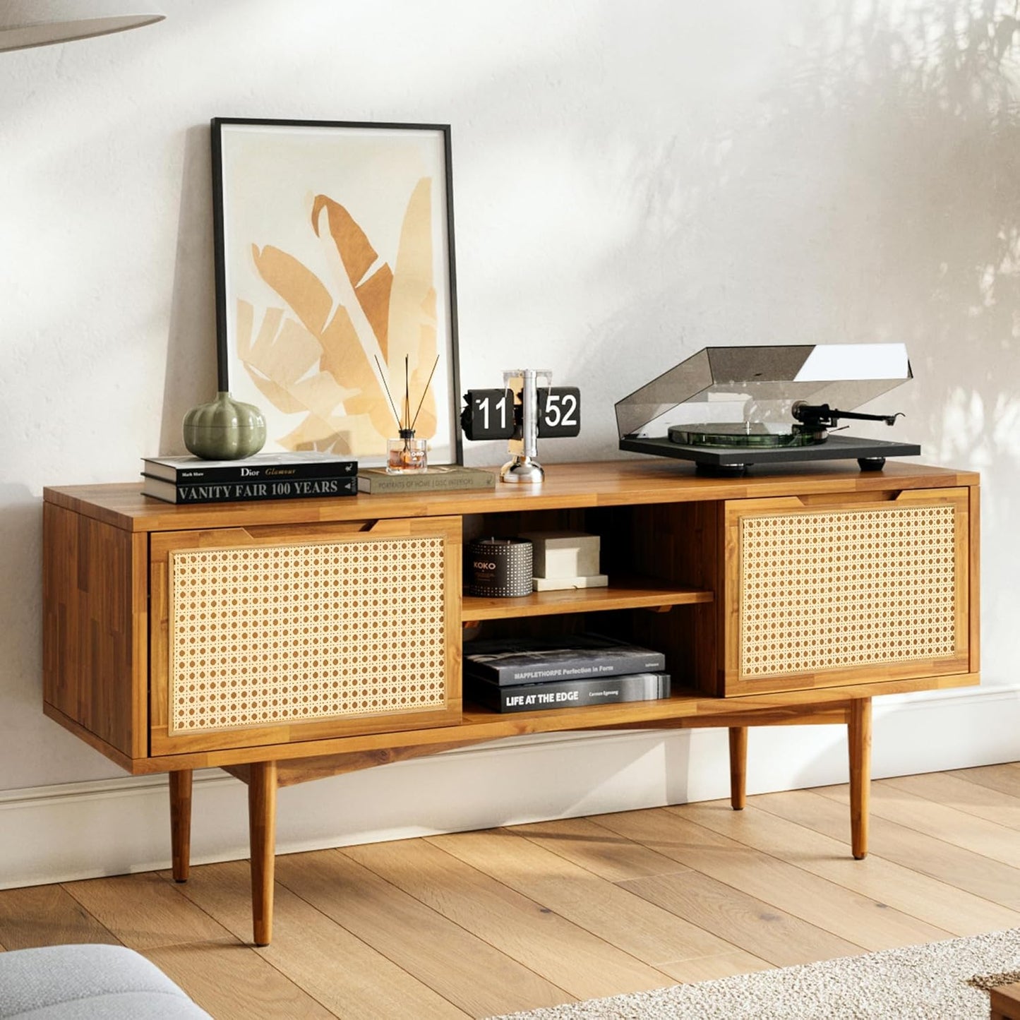 Bme Oliver TV Stand for TVs up to 55", Mid-Century Solid Wood TV Console with Natural Rattan Door, Media TV Console, Entertainment Center with Storage, Fluted Media Cabinet for Living Room, Caramel