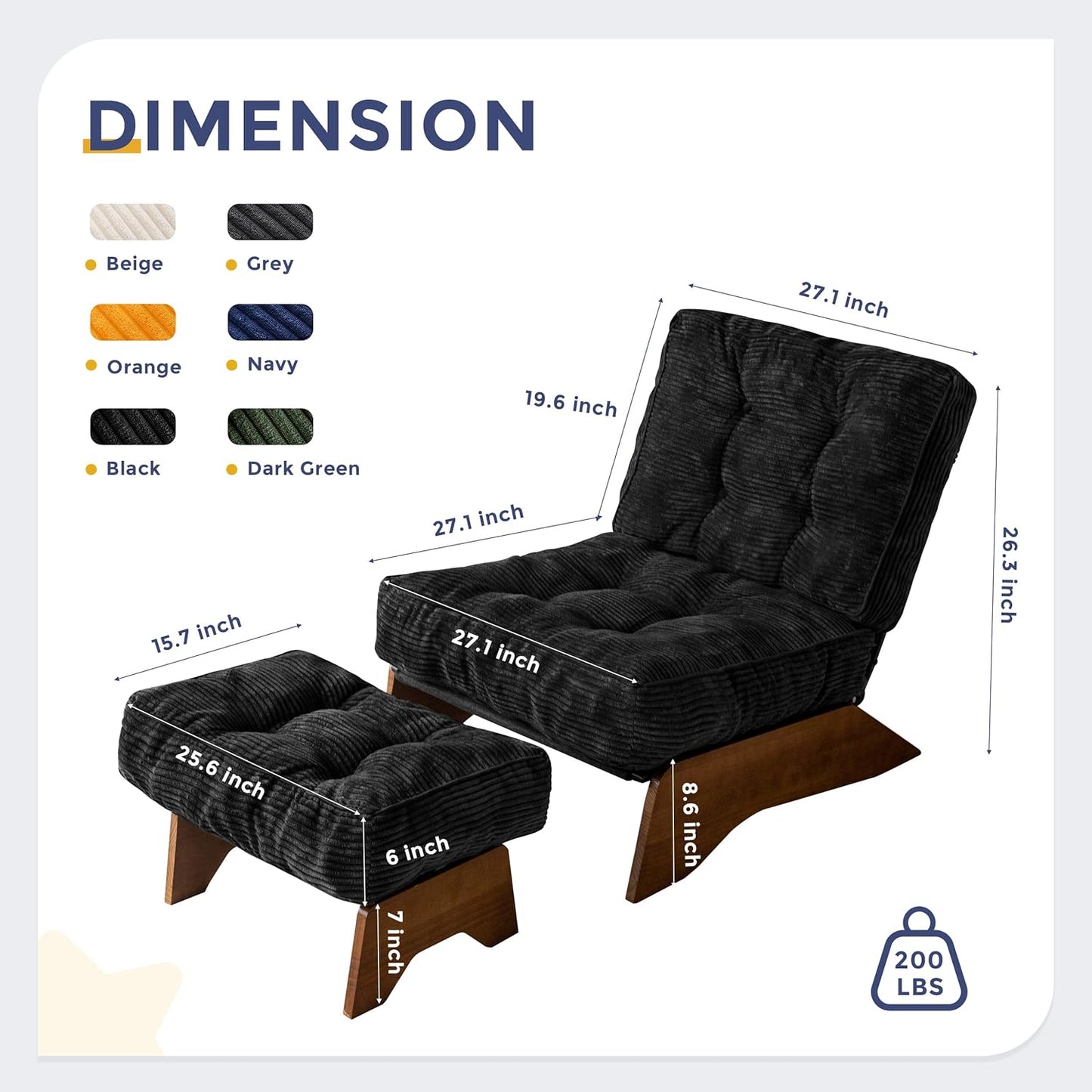 MAXYOYO Accent Chair with Ottoman Adjustable Backrest, Tufted Living Room Chair Upholstered Lounge Chair with Footrest Set, Modern Chair Cozy Reclining for Reading Room, Black