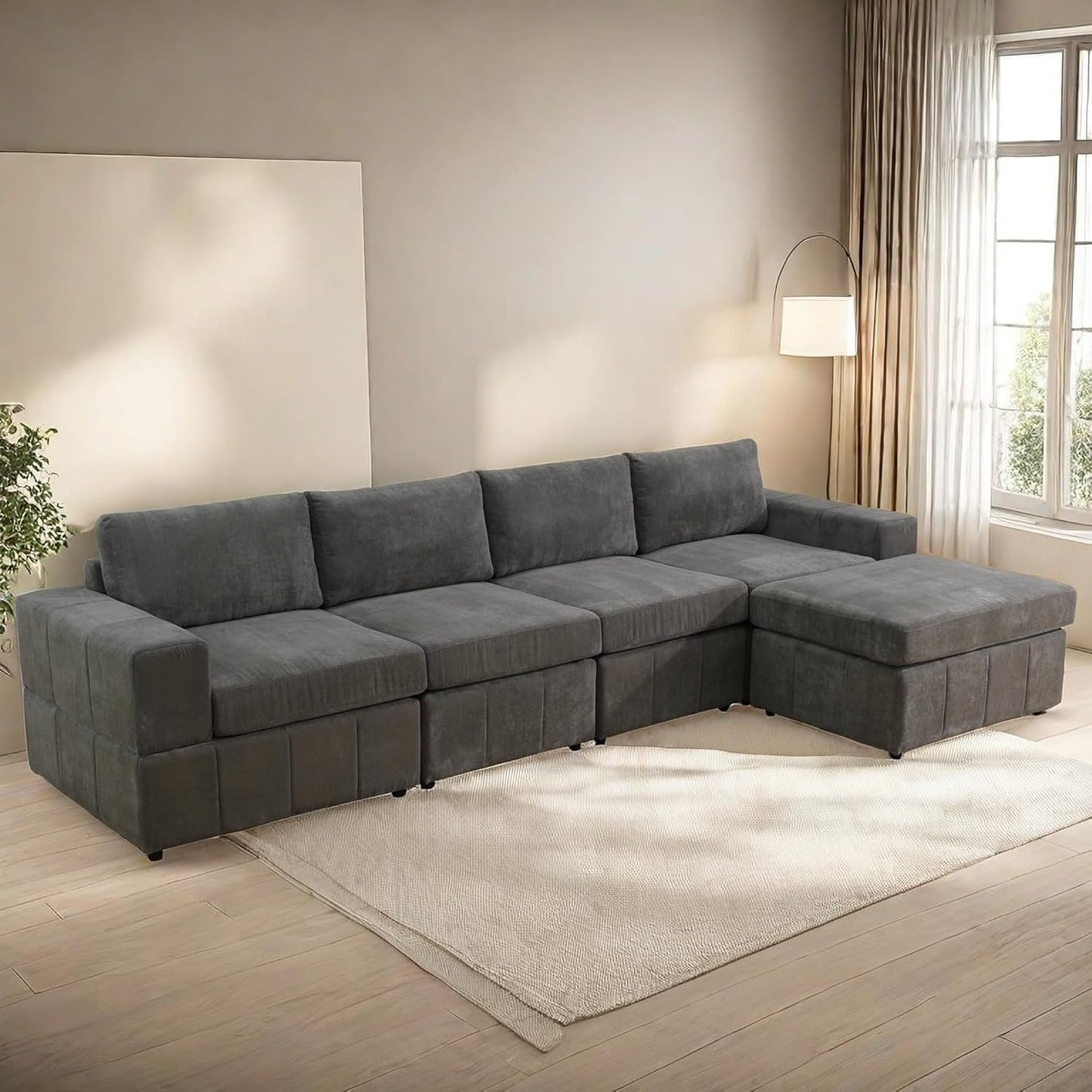 Sectional Couches for Living Room, 130″ Modular Sectional Sofa with Ottoman, Modern L Shaped Couch with Chaise for Bedroom, Brown