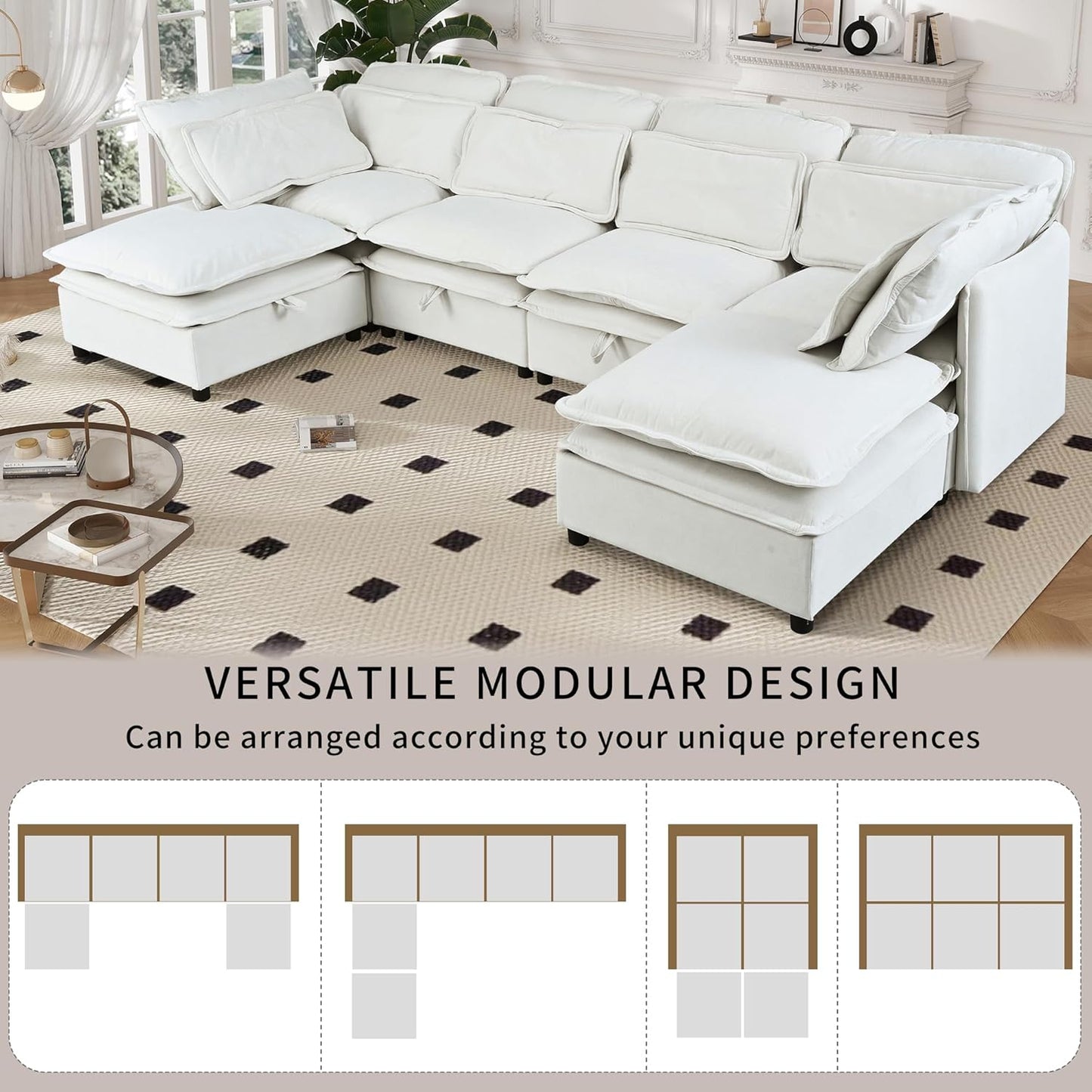 Ball & Cast 124.4" Modular Sectional Sofa,Oversized U-Shaped Couch with Storage Seat,Freely Combinable 6-Seater Set w/Double-Layer Cushion,for Living Rooms,Offices and Apartments,Beige