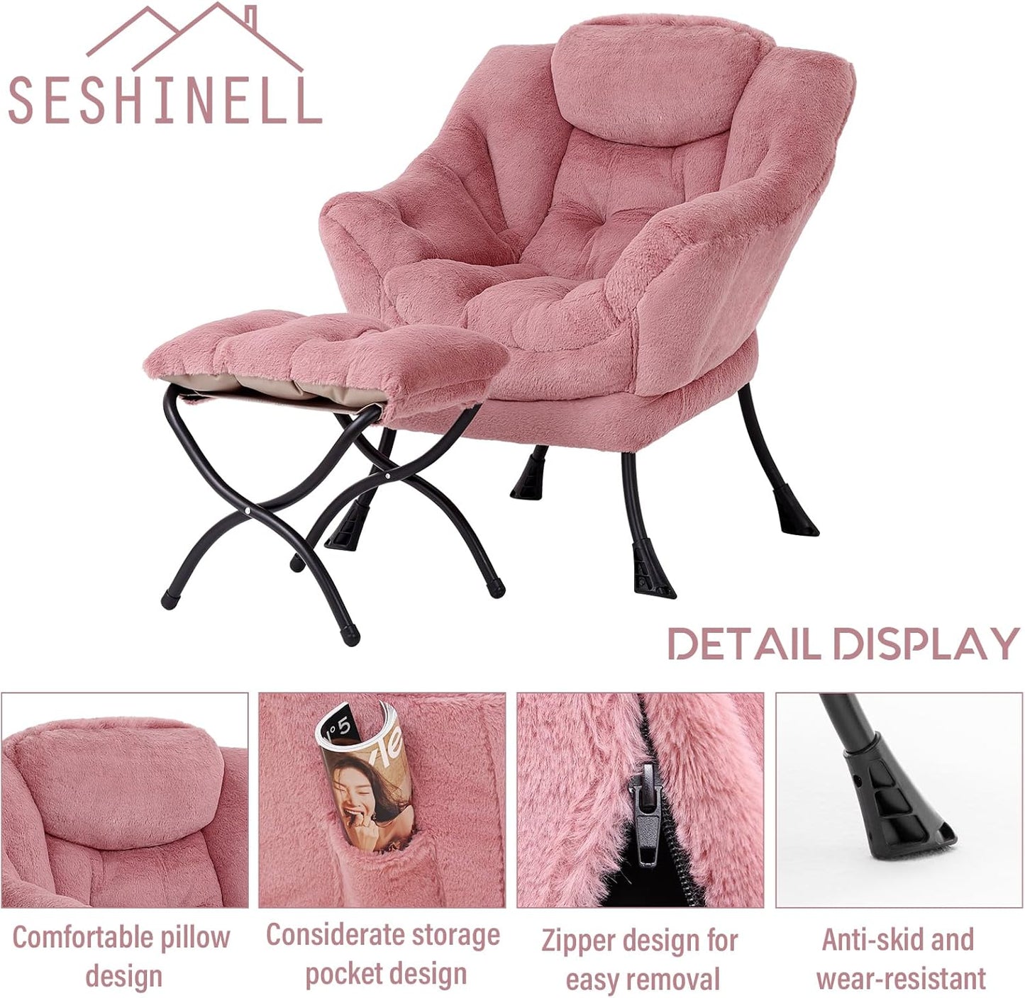 Lazy Chair with Ottoman, Modern Accent Chair Contemporary Lounge Leisure Sofa Chair with Armrests, Reading Chair and Folding Footstool Set for Living Room, Bedroom, Office