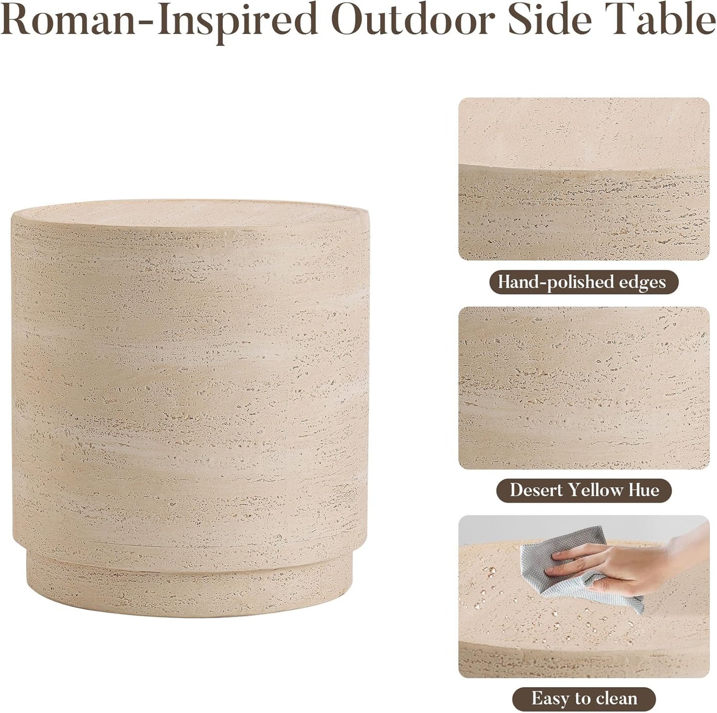 COSIEST 14.4" Outdoor Side Table, Round Concrete End Table for Patio Small Outdoor Coffe Tables, Garden Stool Accent Table for Livingroom, Porch, Deck, Balcony & Beach，Sandy Yellow