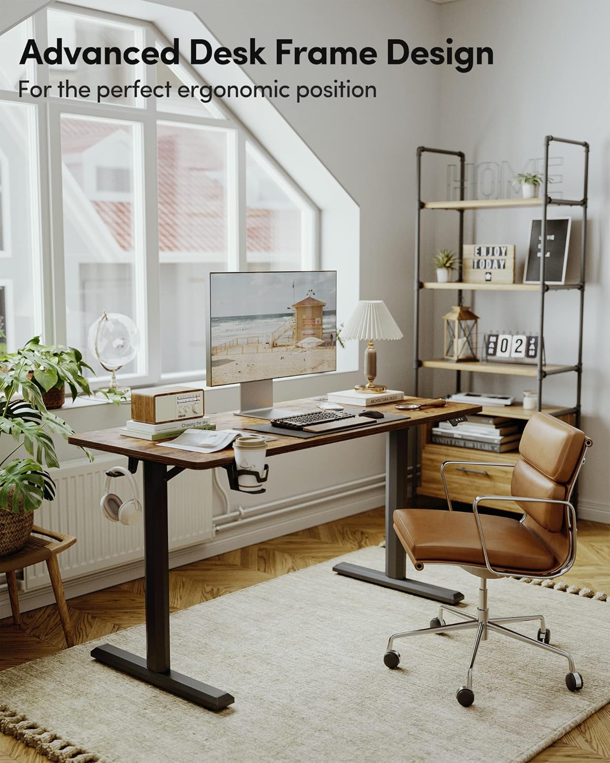 BANTI 55"x24" Standing Desk, Electric Stand up Height Adjustable Home Office Table, Sit Stand Desk with Splice Board, Black Frame & Rustic Brown Top