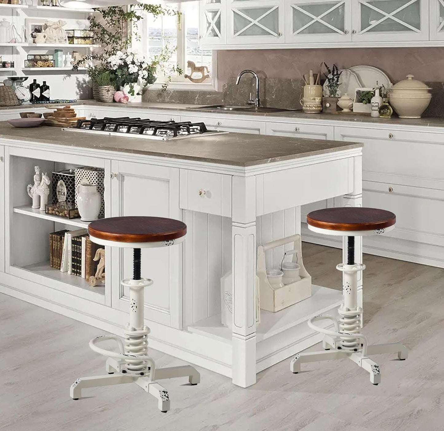 Topower Industrial Retro Vintage Farm Wooden Seat Tractor Stool Kitchen Swivel Height Adjustable bar Stool Antique White