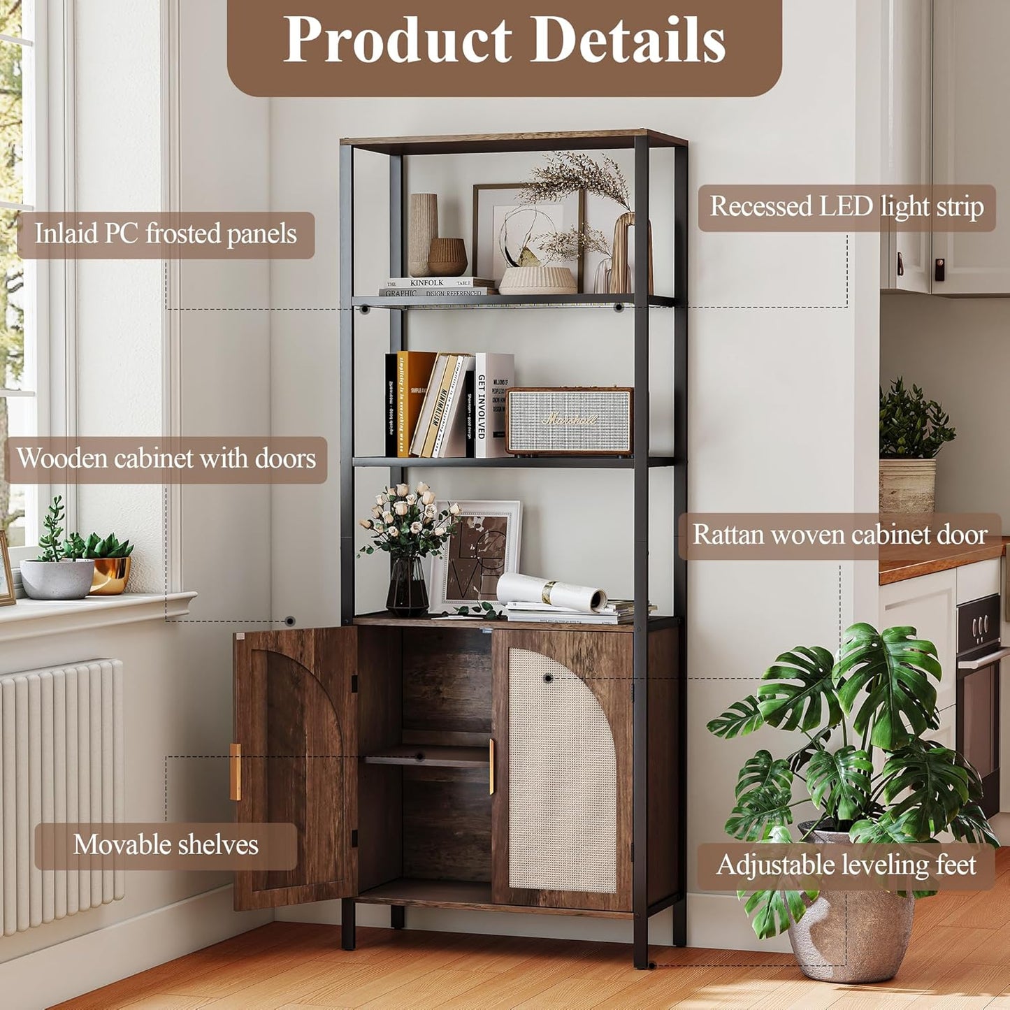 Bookshelf with Rattan Doors, 71" Tall Bookcase with Light and Adjustable Shelf, 5 Tier Book Shelf Storage Organizer for Bedroom, Living Room and Home Office