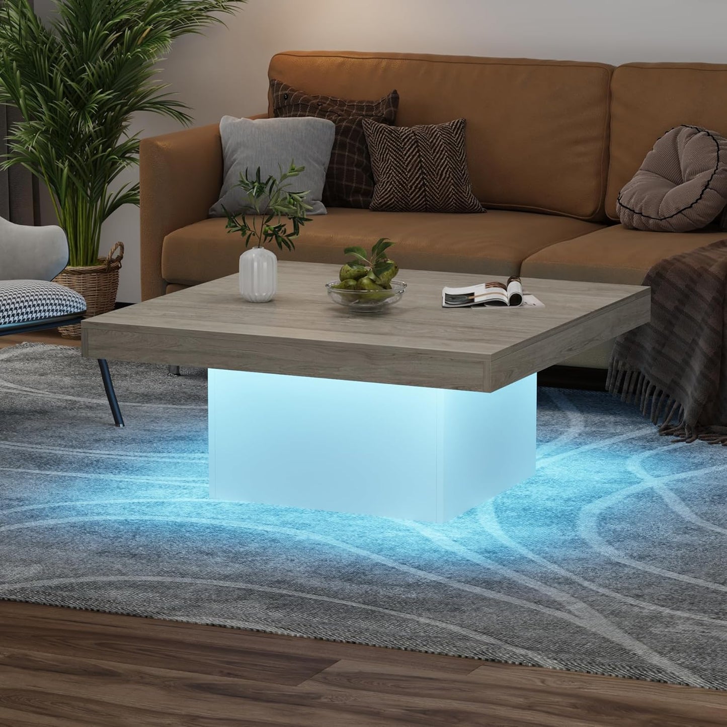 GarveeHome Square Coffee Table with Led Lights, 35 inch Living Room Tables, Modern Coffee Tables with Plug-in 16-Color LED Lights, Cocktail Table for Home Office, Apartment, Reading Room