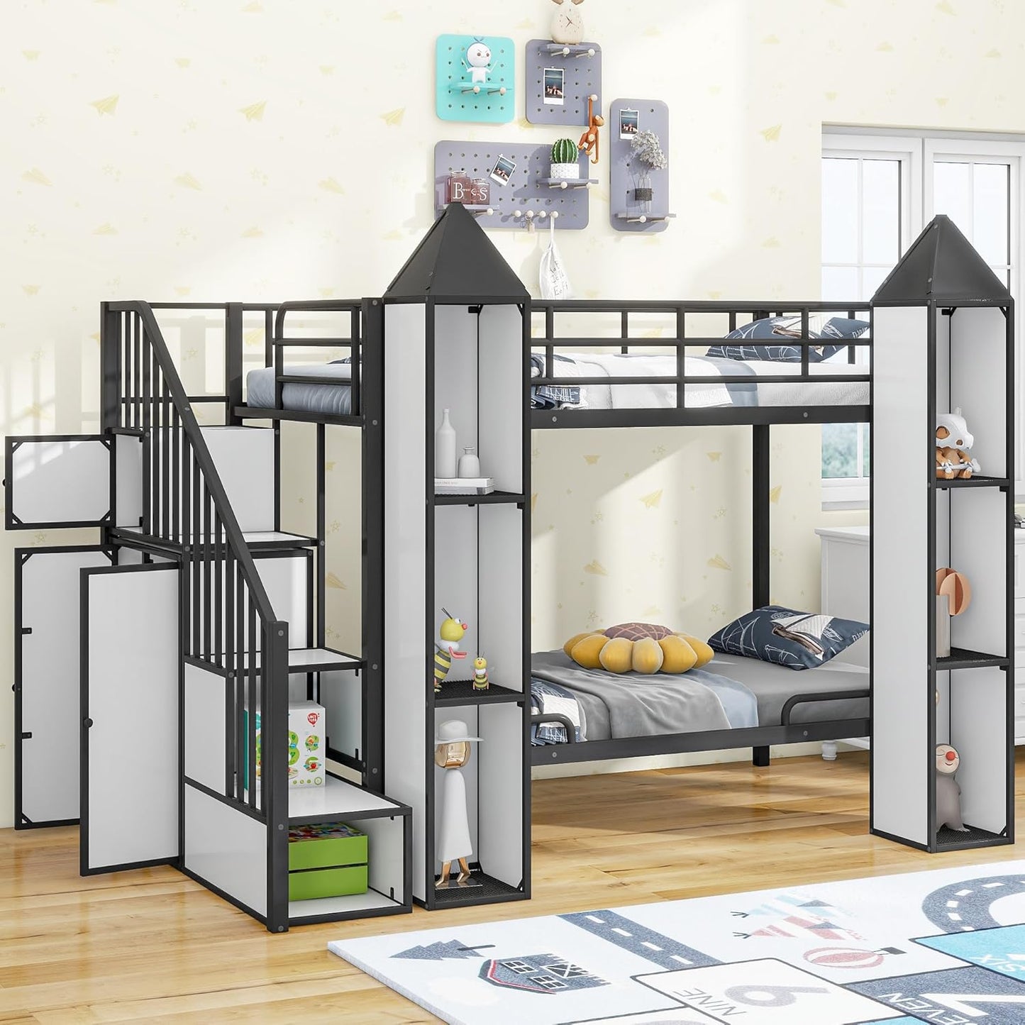 Twin Over Twin Castle-Shaped Bunk Bed with Wardrobe,Open Storage cabinets,a Storage Staircase and guardrails,Metal Stairway BunkBed for Kids Boys/Girls/Teens,Black+White