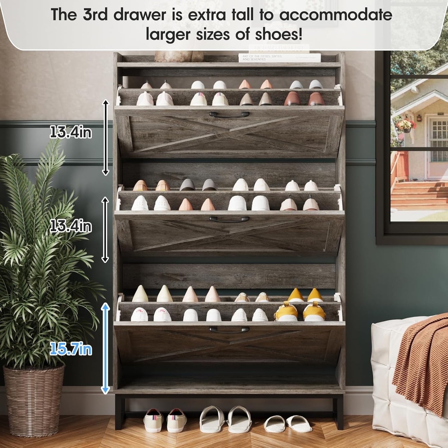 Maupvit Shoe Storage Cabinet with 3 Flip Drawers, Freestanding Organizer with Metal Legs for Entryway, Narrow Shoe Rack Cabinet, Light Rustic Oak