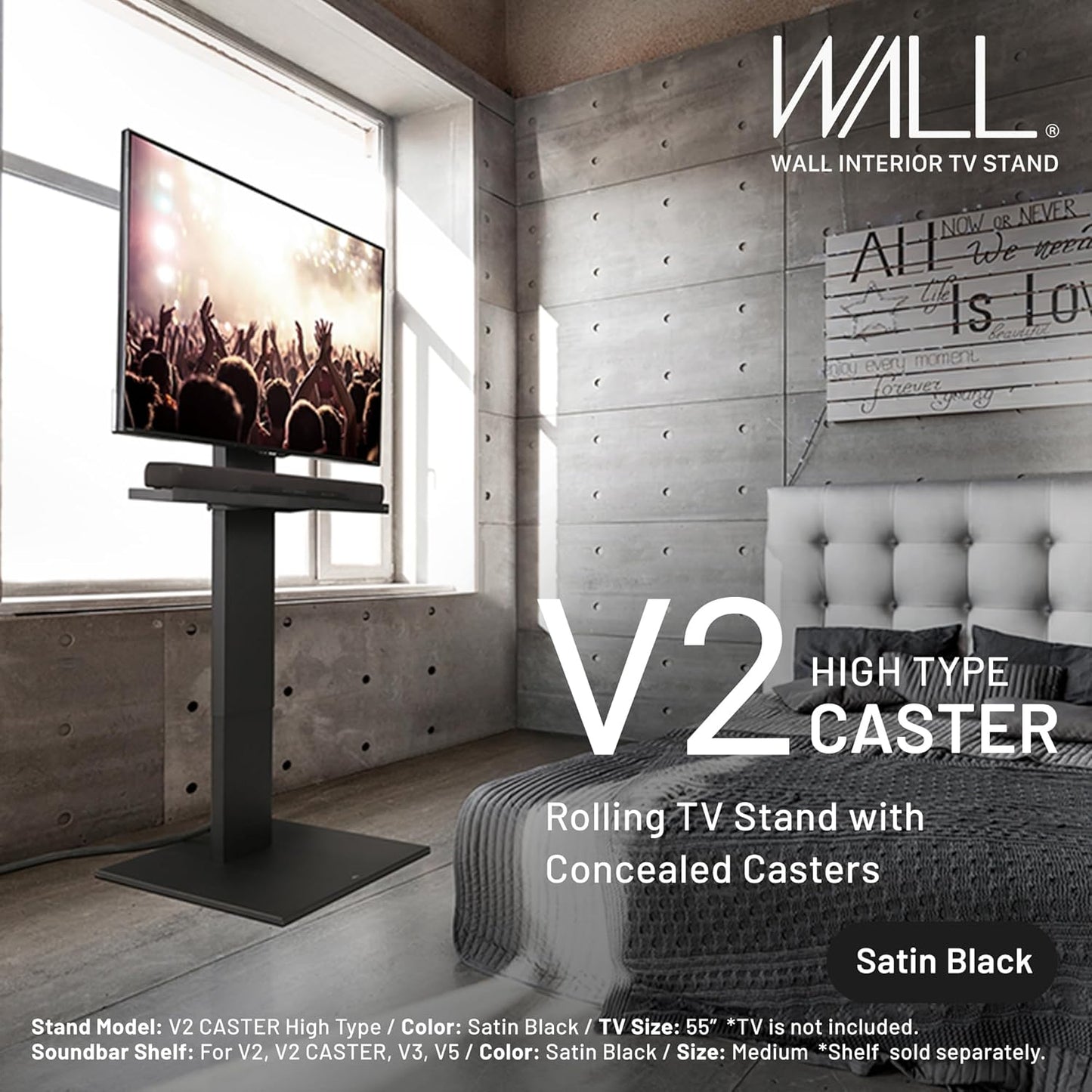 WALL V2 Caster High Type | Minimalist Rolling TV Stand for 32–60 Inch | Satin Black | Portable, Space Saving, Height Adjustable, No Drill | for Living Room and Bedroom | Japanese Design & Engineering