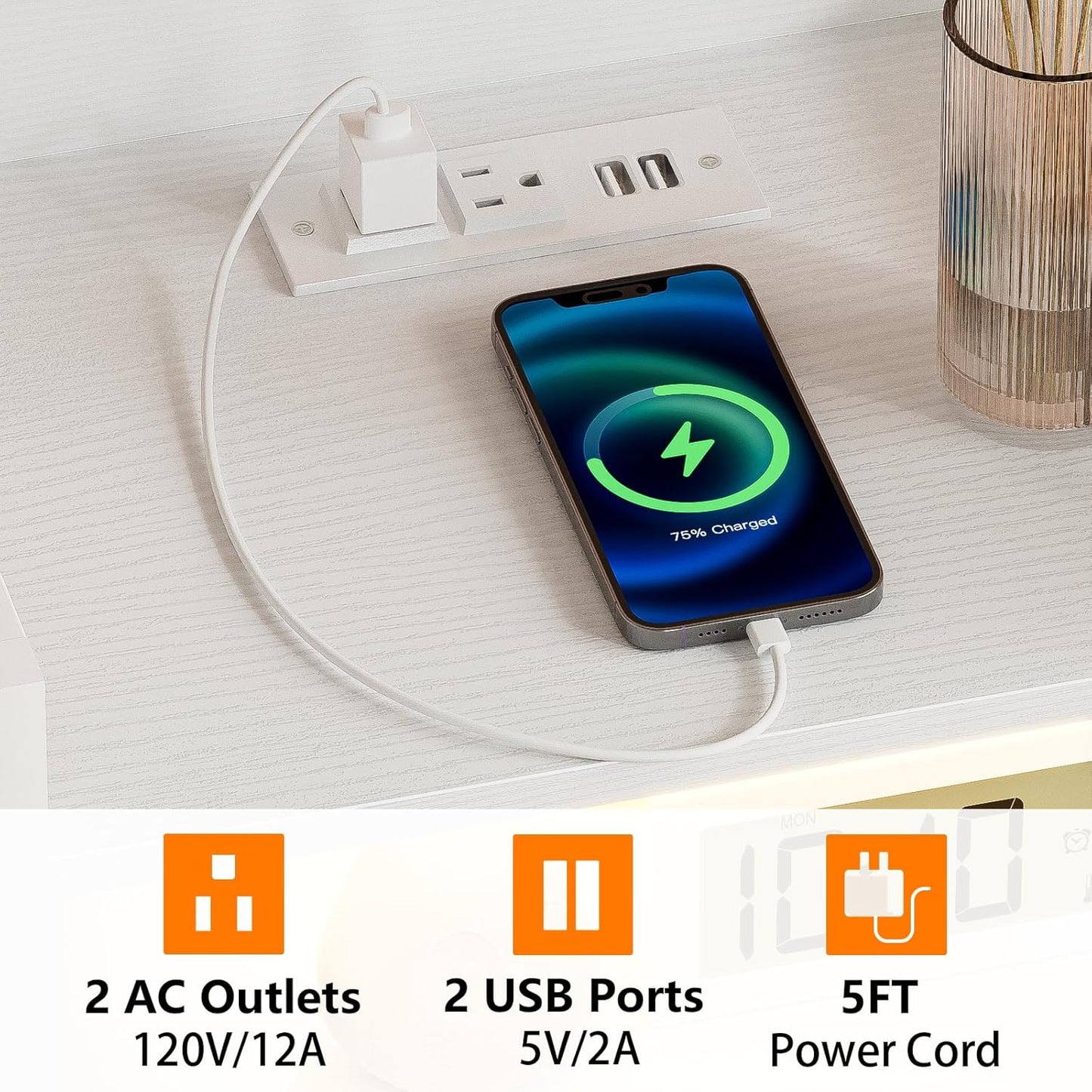 Furnulem White Nightstand with 5 Storage Drawer, Tall Dresser for Bedroom with Led Light and Charging Station, Side Table Nightstand for Closet, Fabric Bins, Metal Frame, Wood Shelf(White)