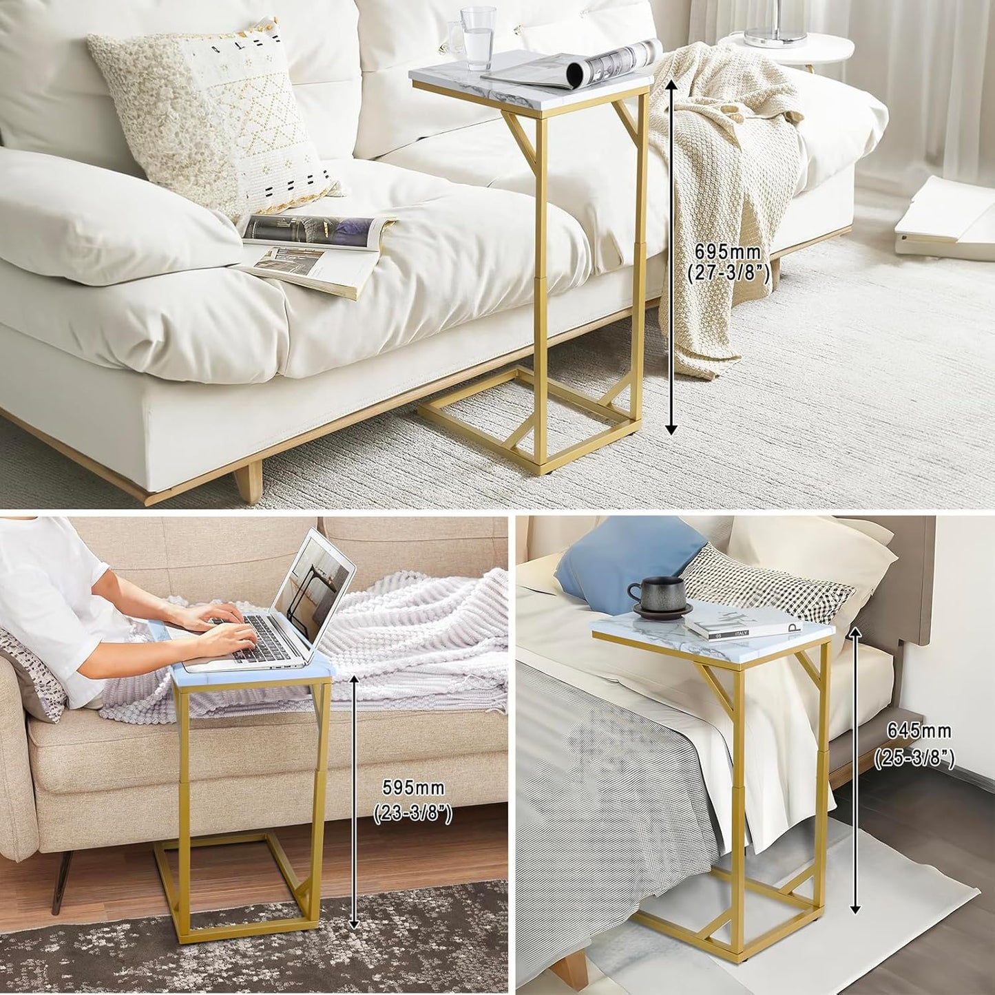 Serteaw C-Shaped End Table, Sturdy Side Table for Couch Sofa Bedside Small Space,C Snack Table TV Tray Record Player Stand Small Tables for Living Room Bedroom,Easy to Assemble,Gold