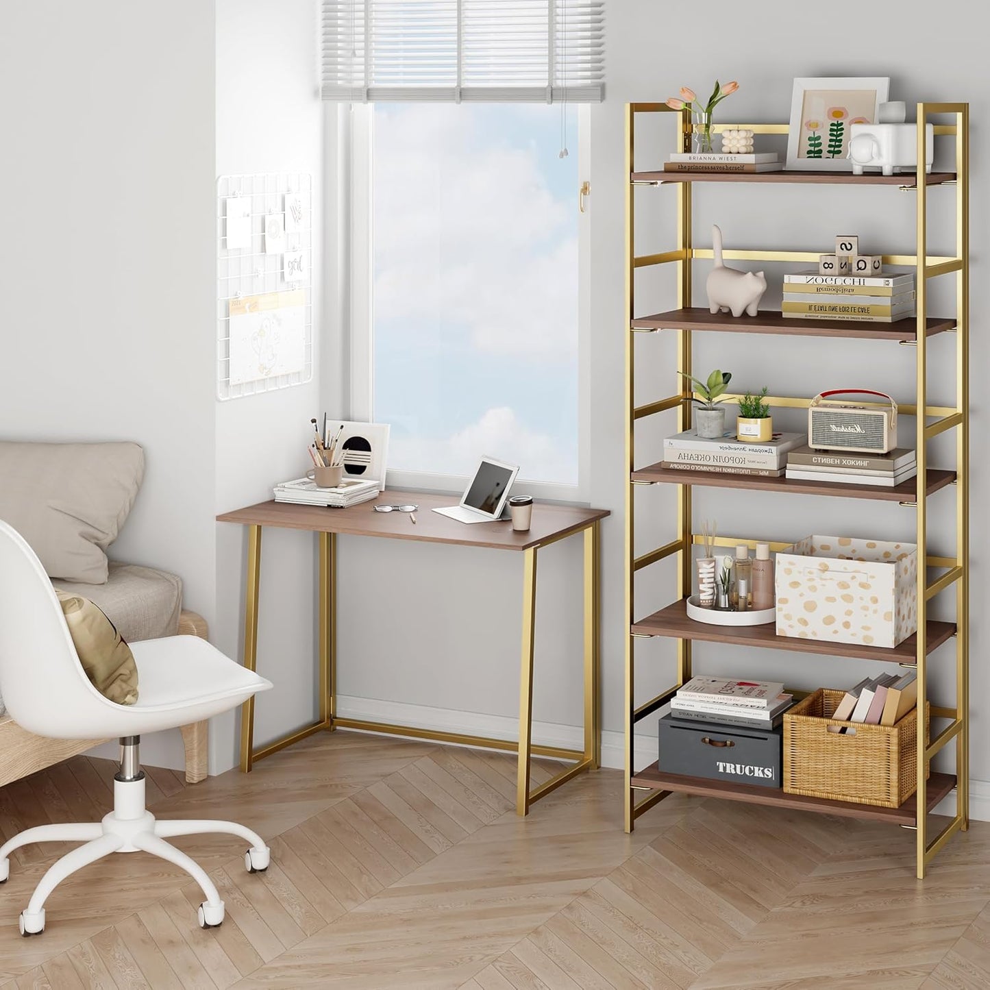 BHG Vintage Multifunctional Folding Bookshelf,5 Tier No-Assembly Plant Stand Storage Rack Shelves for Home Office (Brown&Gold, 5-Tier)