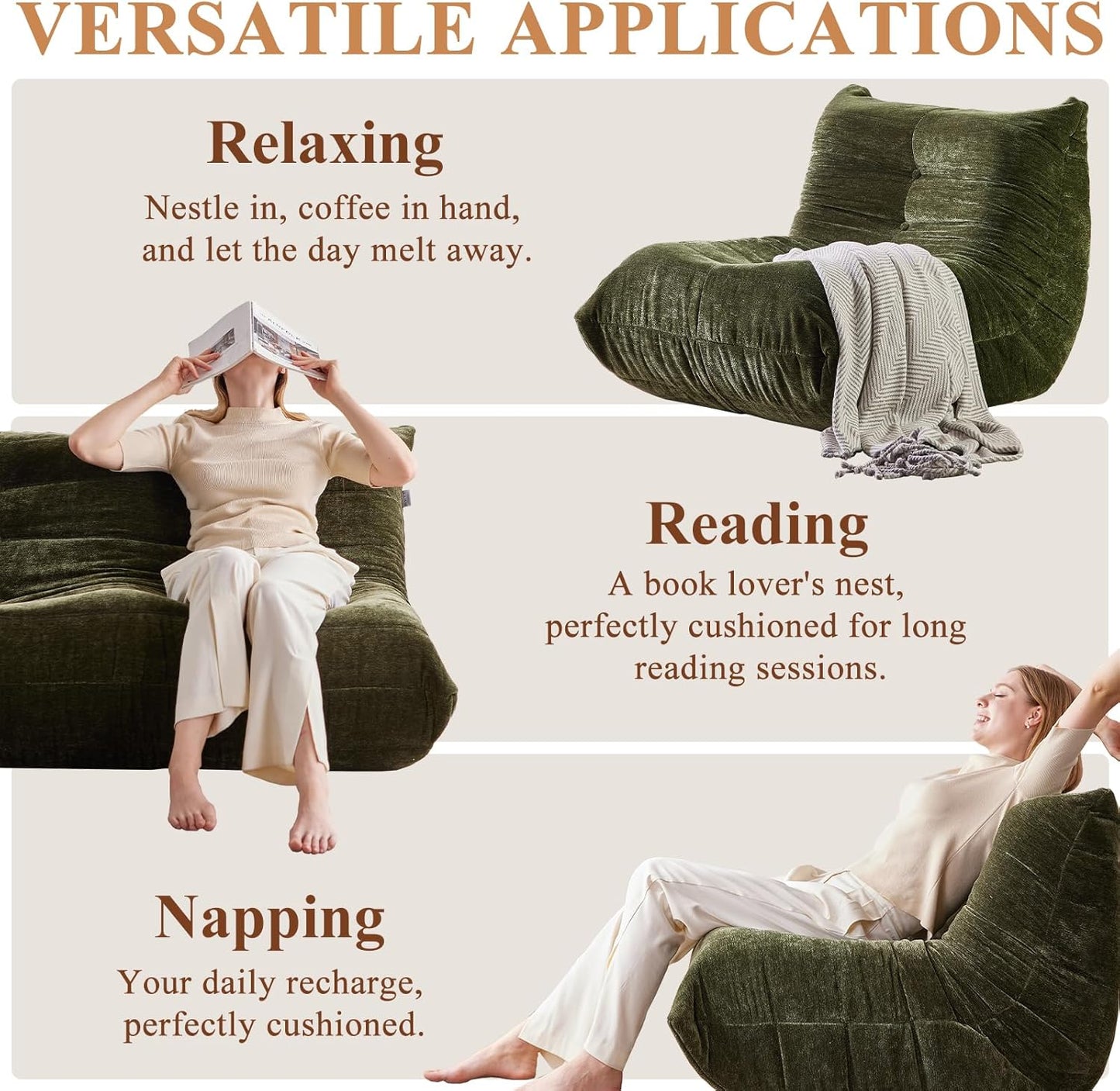 Bean Bag Chair, Fireside Chair Big Bean Bag Sofa for Adults/Teens, Memory Foam Bean Bag Gaming Chairs with Comfy Design & Premium Fabric, Lazy Floor Sofa for Living Room, Bedroom, Olive Green