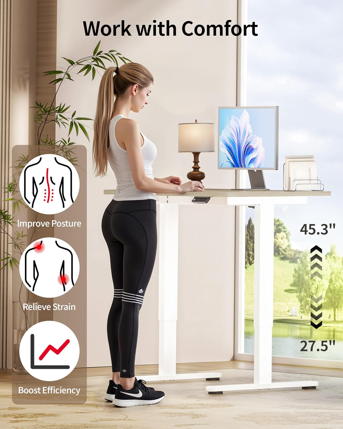 Okin Standing Desk Electric Adjustable Computer Desks, Whole Piece Stand up Desk Office Gaming Home Office Memory Desks 48x24 inches Cream Pecans