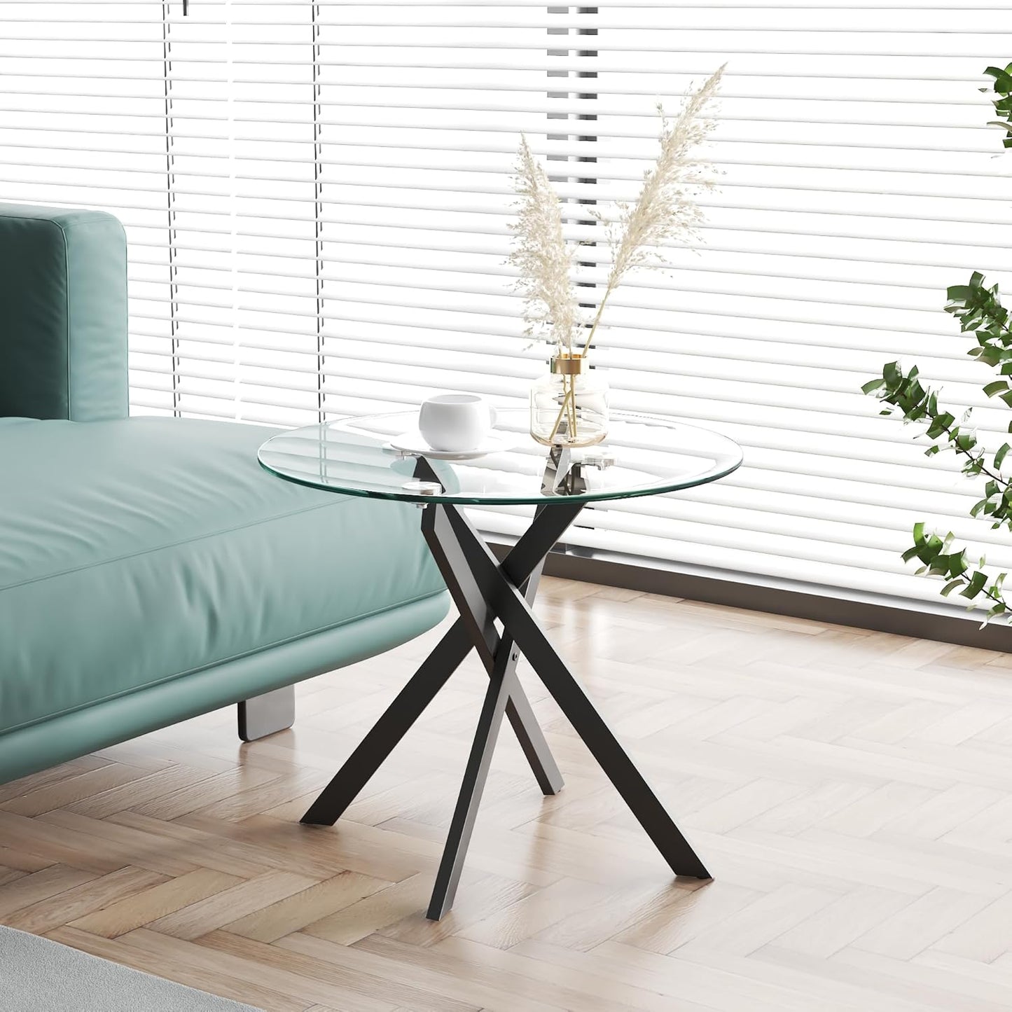 Round Side Table Modern 20 Inch End Table with Tempered Glass Top and Black Metal Legs Stylish Sofa End Table Bed Side Table for Living Room Bedroom