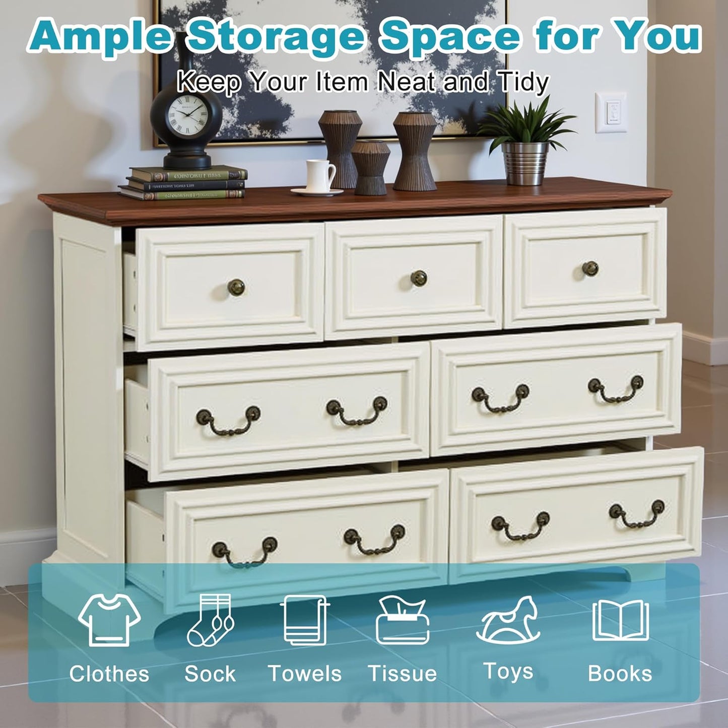 47.2" Farmhouse Sideboard Buffet Cabinet with Storage, Kitchen Buffet Storage Cabinet with 7 Drawers, Modern Wood Accent Sideboard for Living Room, Kitchen, Hallway(Antique Brown+White)