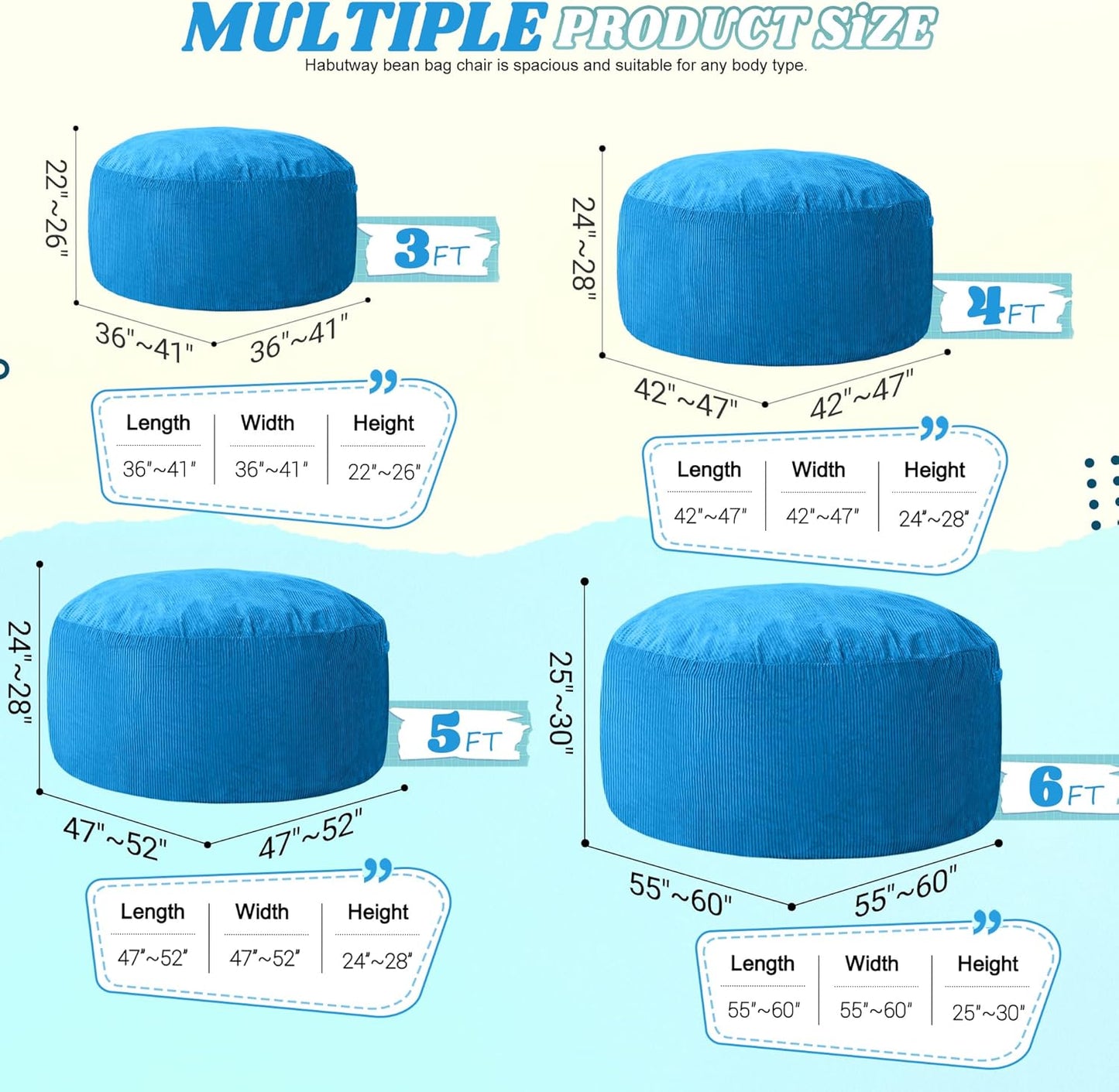 HABUTWAY 3FT Bean Bag Chair,Giant Bean Bag Chairs for Adults,Big Bean Bags with Memory Foam Filled, Large Beanbag Chairs with Soft Corduroy Cover-Blue