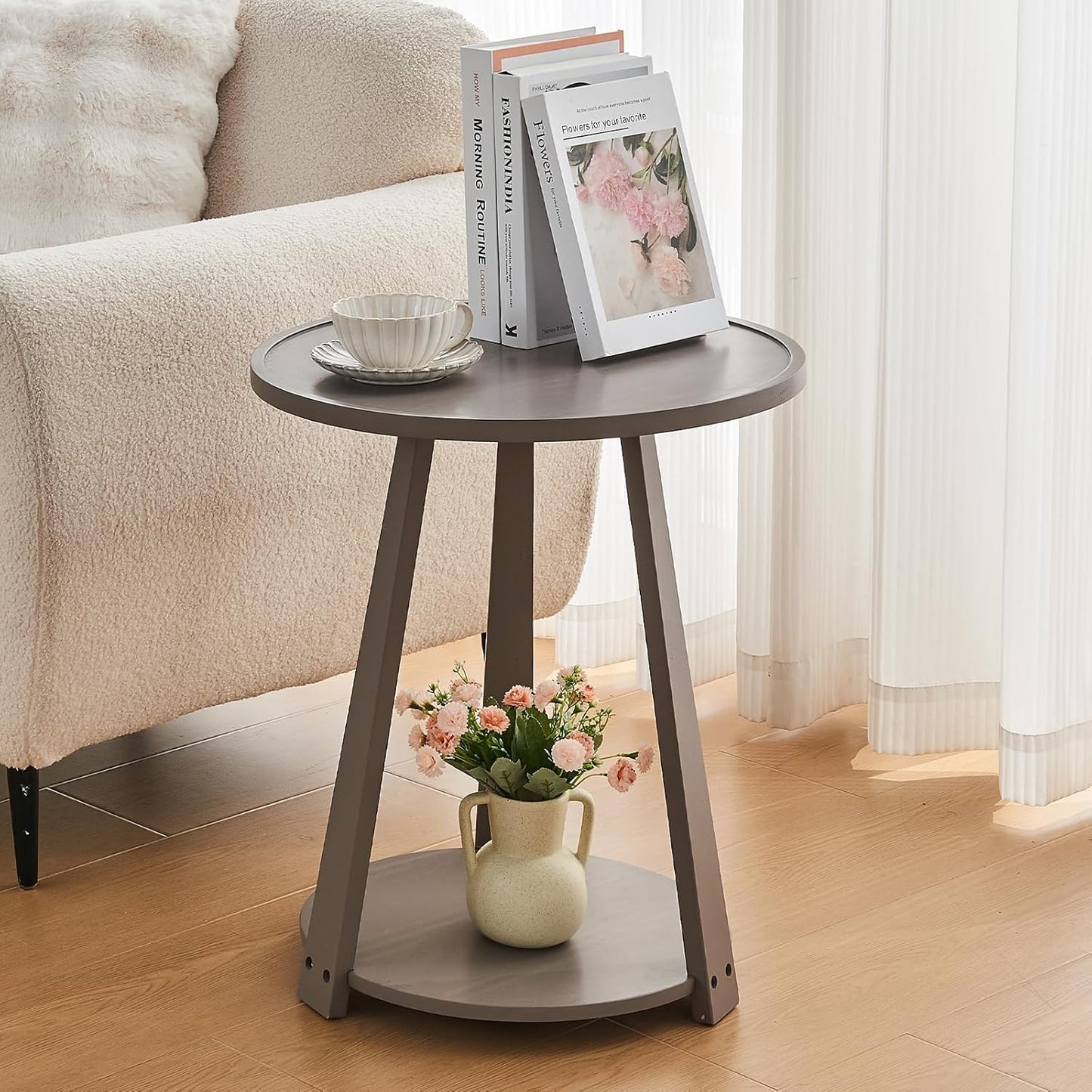 Uniclinens Wooden Small Round End Table, Narrow/Little Coffee/Sofa/Couch SideTable for Living Room Bedroom, Solid Wood Bedside Nightstand, Gray