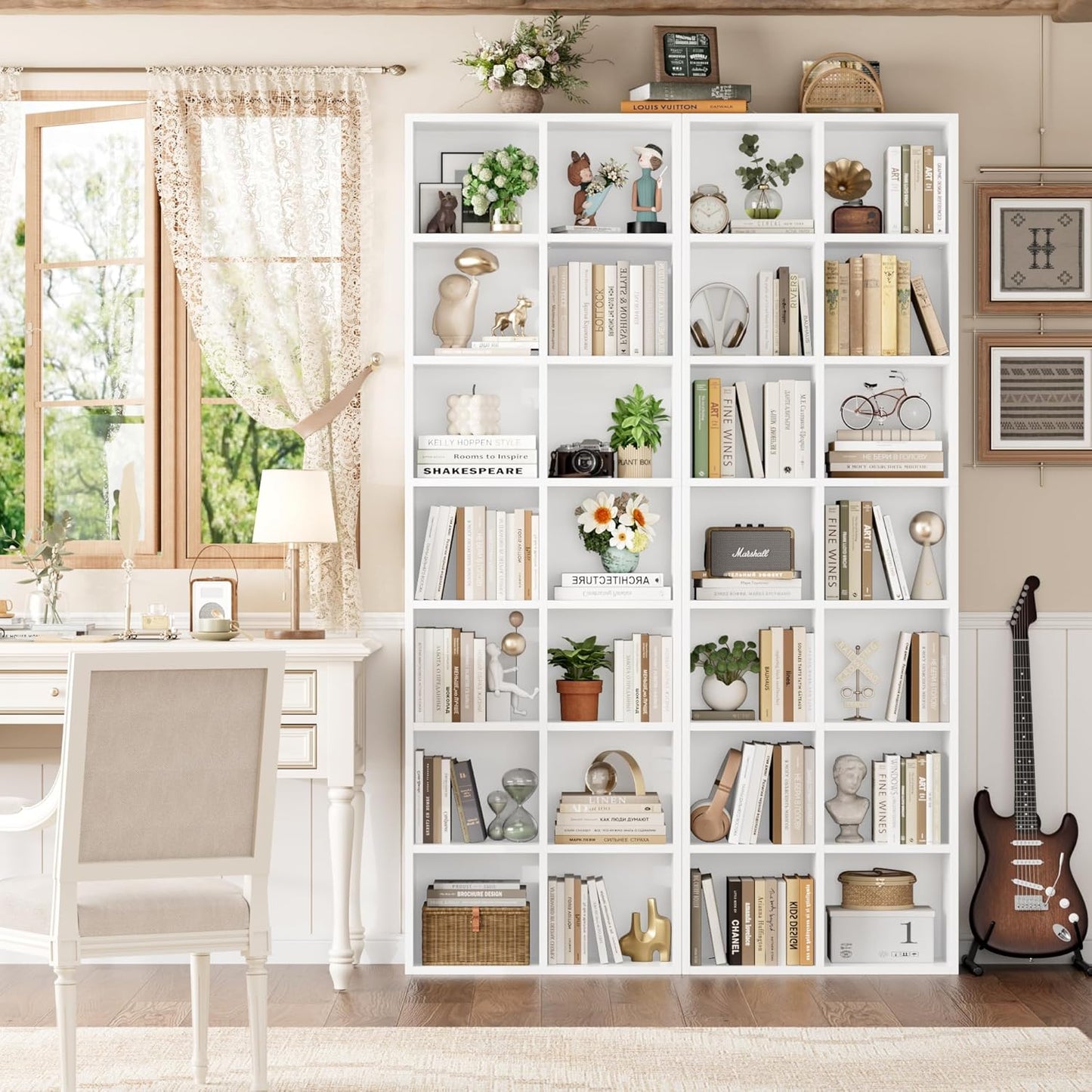 FOTOSOK 71'' White Bookshelf, Double Wide Media Tower Rack CD DVD Rack Display Cabinet with Adjustable Shelves, Tall Narrow Bookcase Bookshelf for Home Office, White