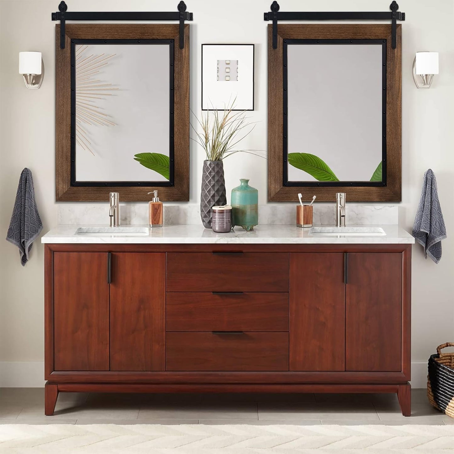 YOSHOOT Farmhouse Barn Door Mirror, 40"x30" Rustic Bathroom Mirror, Wood Frame Wall Mirror, Wooden Mirror for Living Room Bedroom Entryway Wall Décor, Vertical Hanging ONLY