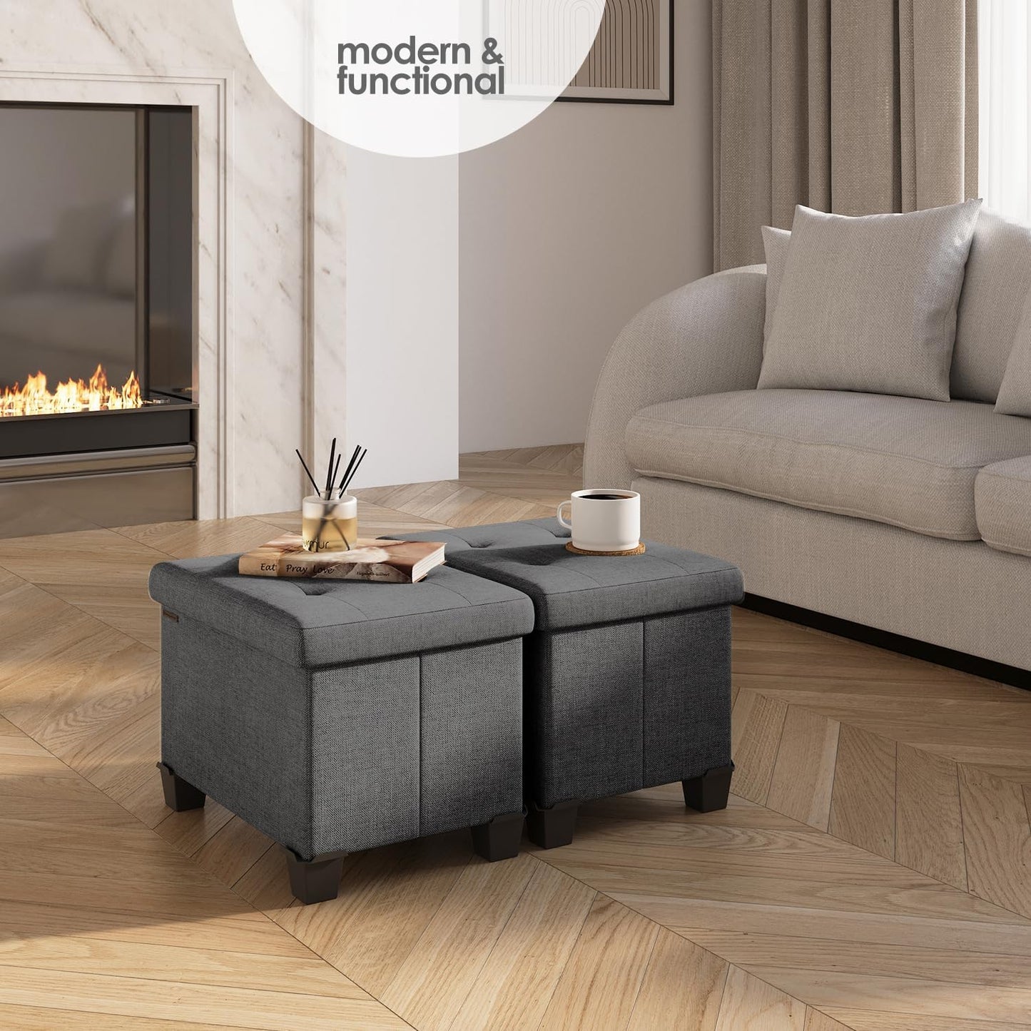 STORAGEBUD Storage Ottoman Cube with Small Bin, 16-in Square Ottoman with Storage for Living Room and Bedroom, Small Ottomans Foot Rest, Fabric Foot Stools Ottomans Max 330lbs, Grey