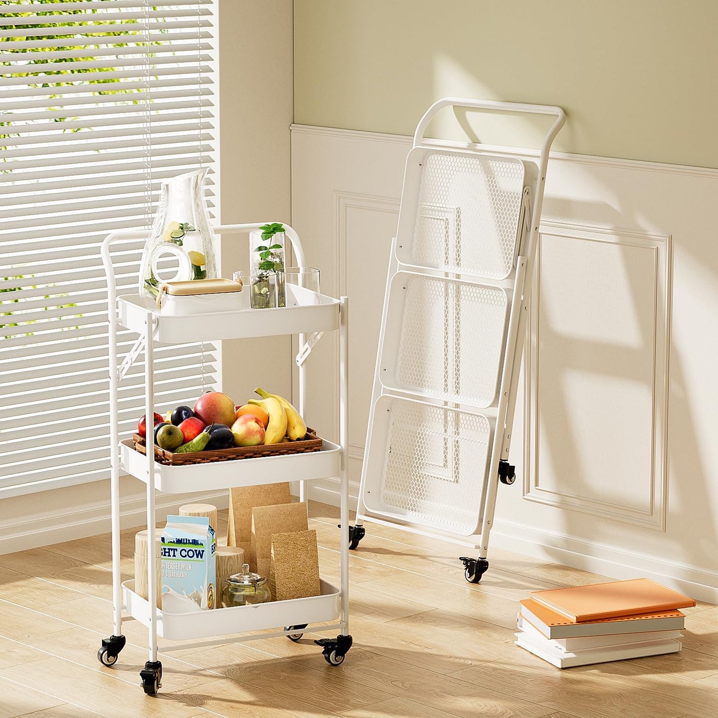 JAQ Foldable Rolling Cart, 3-Tier Metal Small Folding Storage Utility Carts Basket Rack Organizer with Handle on Wheels for Snacks Books Fruits for Kitchen Laundry Room Bathroom - (White, 3-Layer)