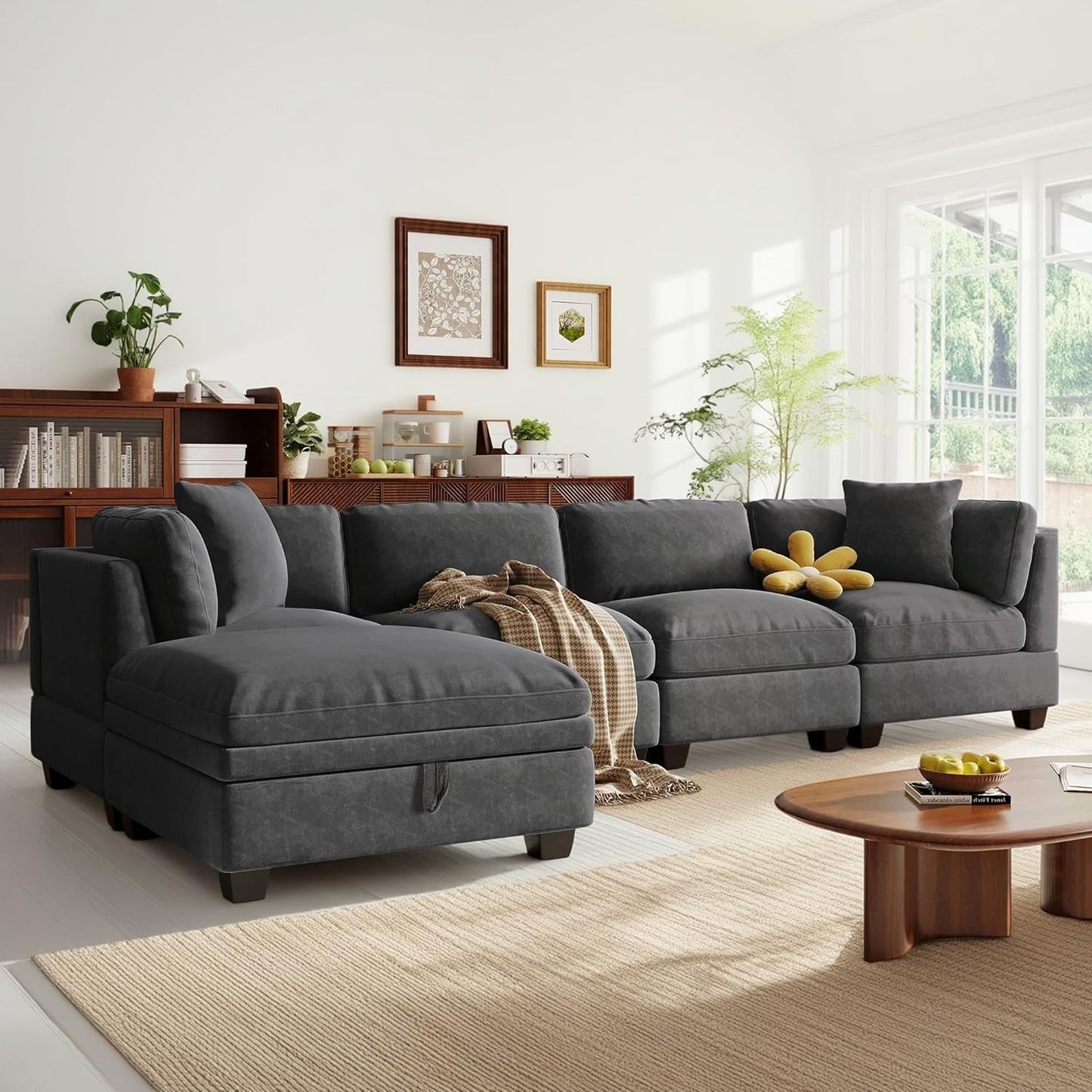 127.6 Inch 5-Seat Modular Convertible Sectional Sofa with Removable Storage Ottoman and 2 Hidden Cupholder, L-Shaped Upholstery Corner Couch for Living Room Apartment Office, Grey