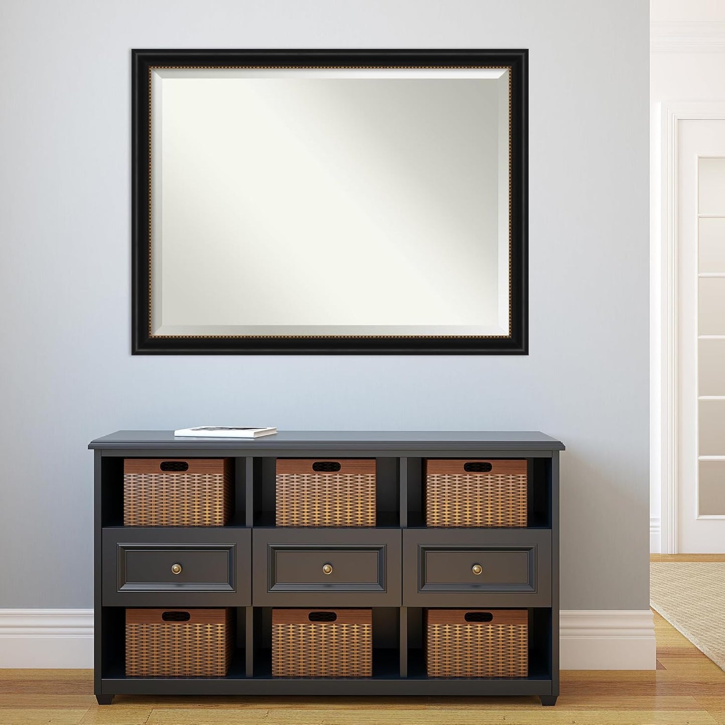 Amanti Art Black Bathroom Mirror for Over Sink, 34x44 Manhattan Black Rectangle Vanity Mirror, X-Large Traditional Frame, Hangs Horizonally and Vertically, Bathroom Wall Decor, Beveled Edge