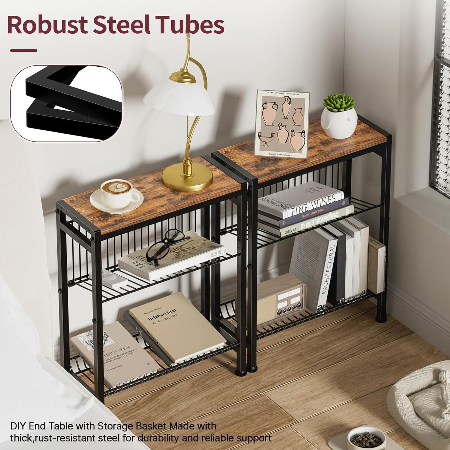 Narrow Side Table for Small Space, 3-Tier End Table with Magazine Holder,Slim Nightstand with Wire Shelf, Skinny Bedside Table in Living Room, Bedroom, Study, Kitchen and Balcony (Rustic Brown)