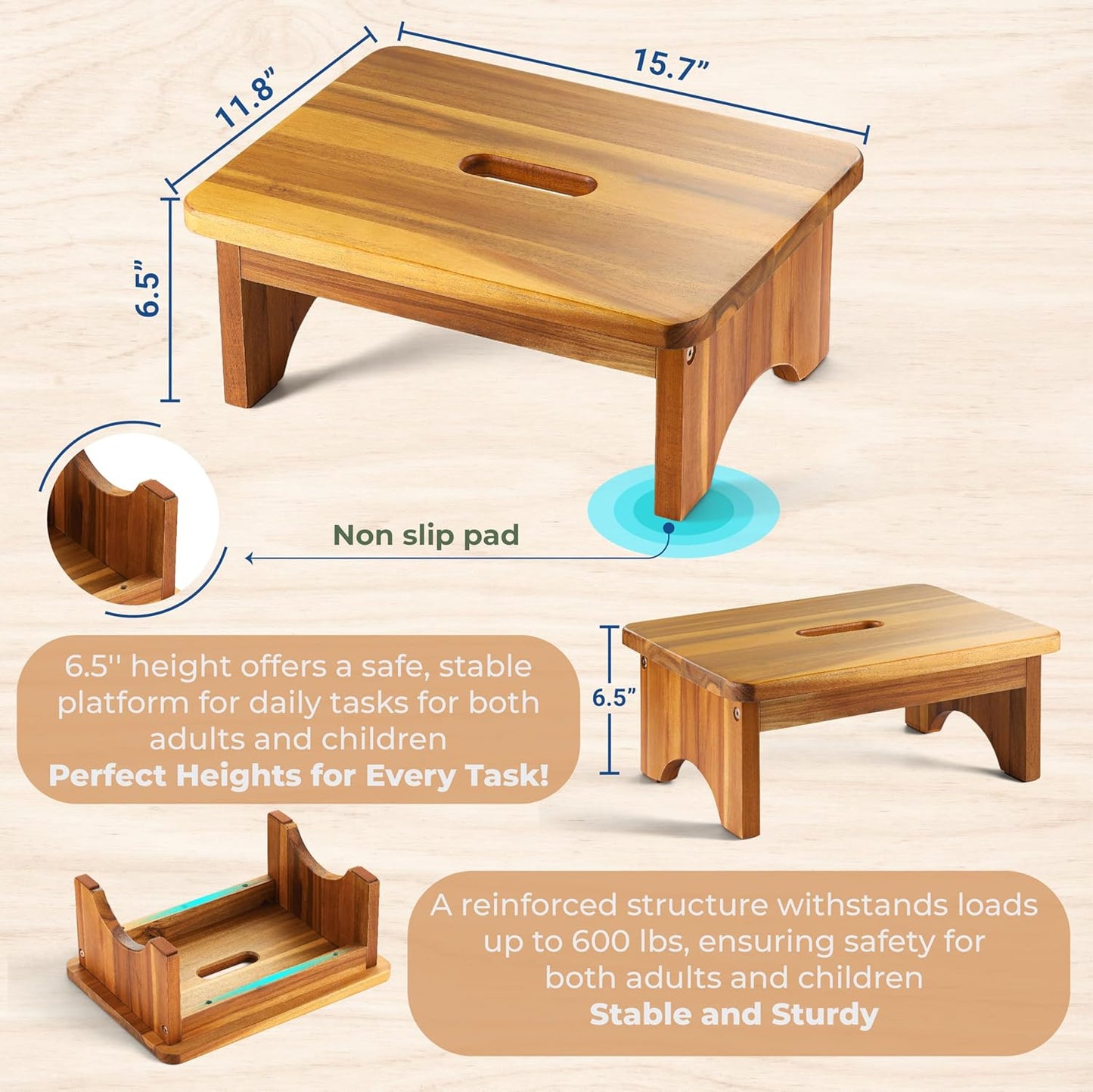 Wooden Step Stool, 6.5'' One Step Stool for Adults, Wooden Beside Step Support with 550 Lbs Load Capacity,Heavy Duty/Portable/Nonslip/Durable Construction Safe Step Platform for Bedroom/Kitchen