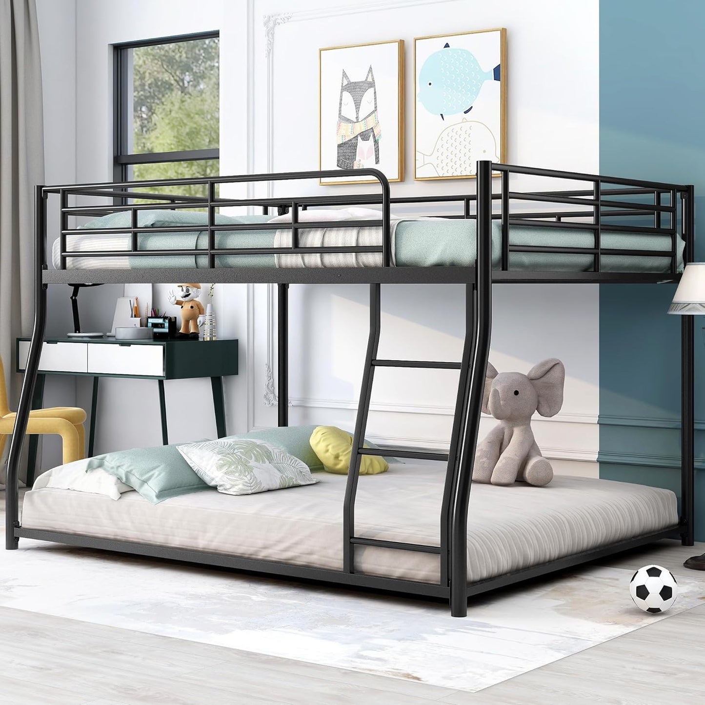 Full XL Over Queen Metal Floor Bunk Bed with Sloping Stairs and Safety Guardrails for Bedroom,Guest Rooms, No Box Spring Needed, Simple to Assemble,Black