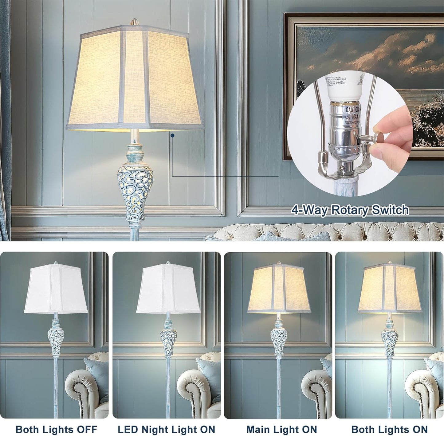 Vintage Floor Lamp with Nightlight, 65" Retro Standing Lamp with White Linen Shade, Washed Blue Finish Farmhouse Style Design Tall Lamp Decor for Living Room Bedroom Study Home Corner (Bulb Included)