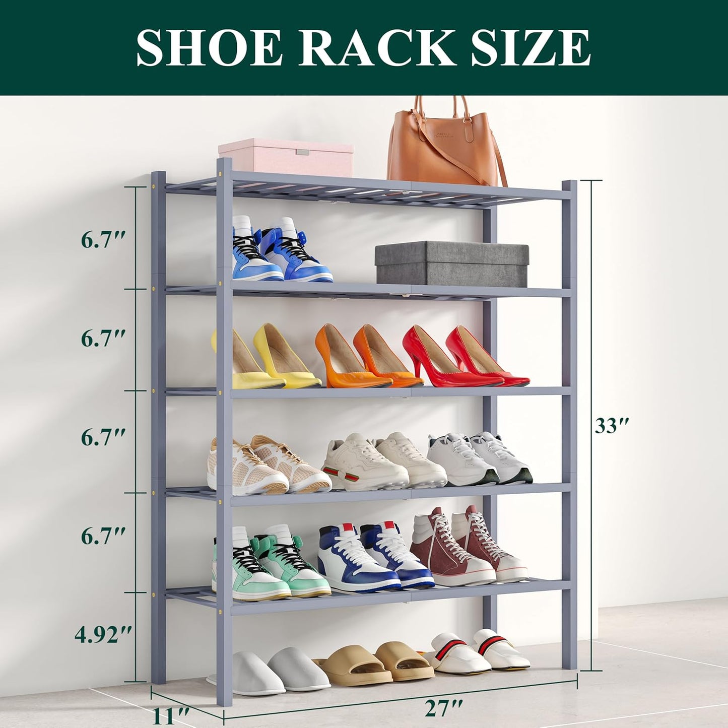 Smiry Shoe Rack, 5 Tier Bamboo Shoe Organizer, Stackable Free Standing Wooden Shoe Storage Shelf for Closet, Entryway, Front Door Entrance, Grey