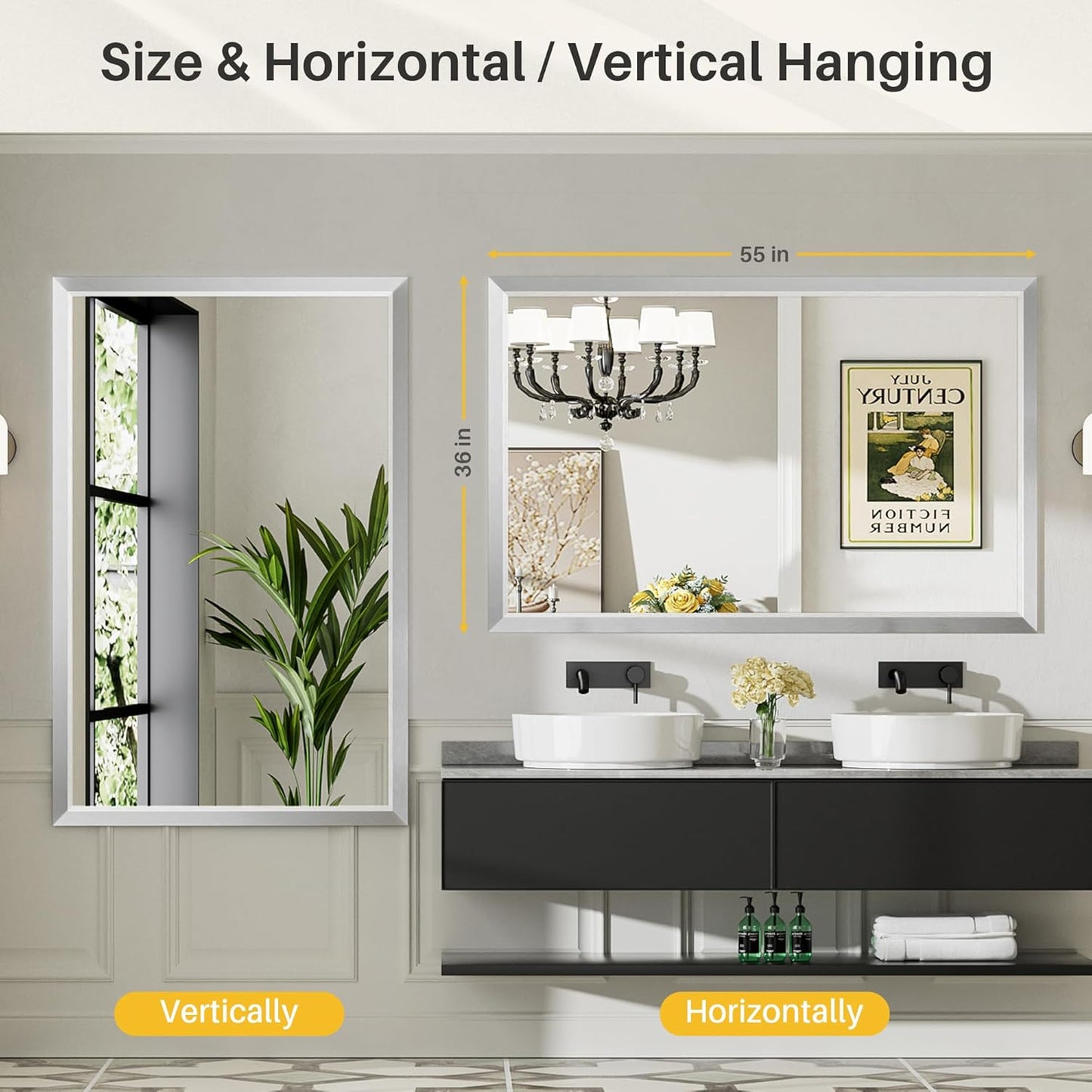 55x36 Inch Silver Bathroom Mirror for Wall, Thick Metal Framed Rectangle Mirrors for Over Sink, Bedroom, Living Room, Entryway, Anti-Rust, HD Tempered Glass