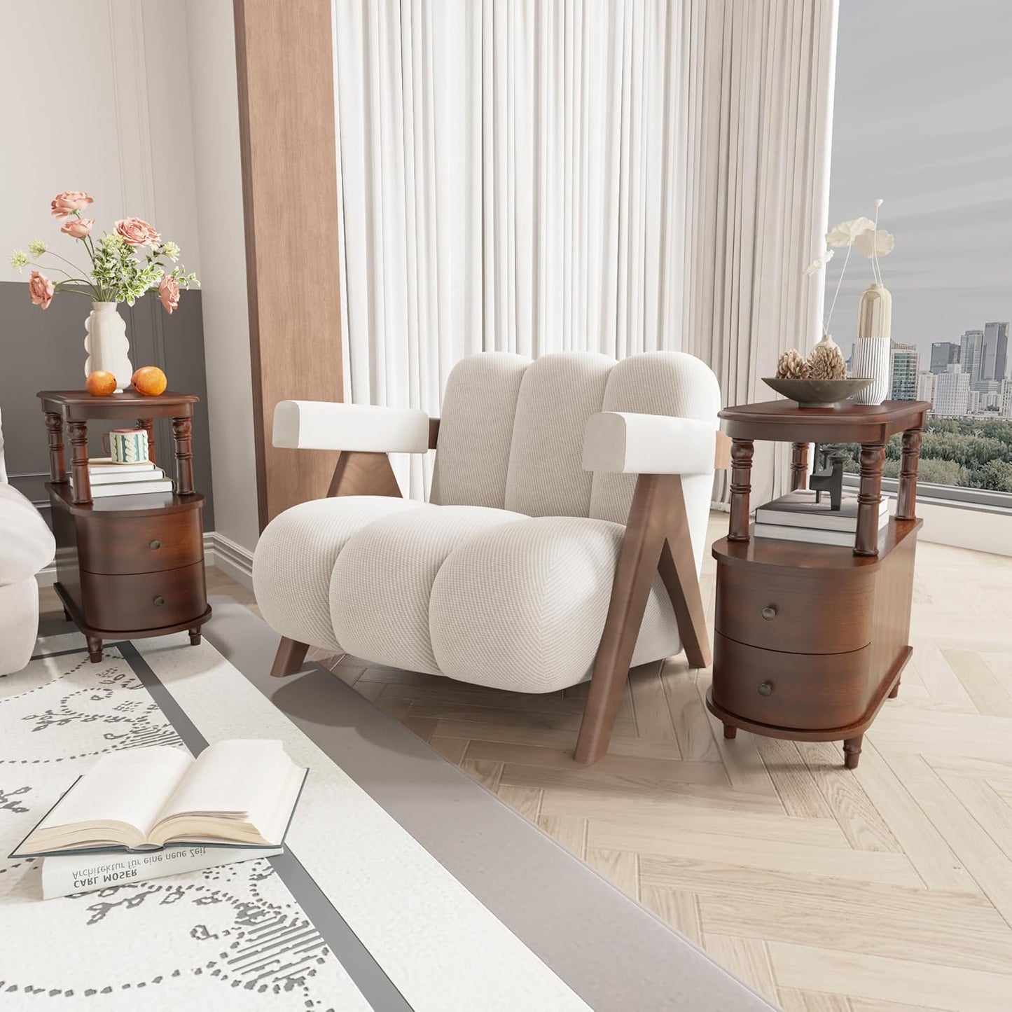 2 Set of Wood End Table with 2 Drawers and Storage Shelf, Narrow Sofa Side Table for Living Room, Vintage Slim Nightstand Bedside Table for Bedroom, Slim Chair Side Table Cherry Walnut A508CY