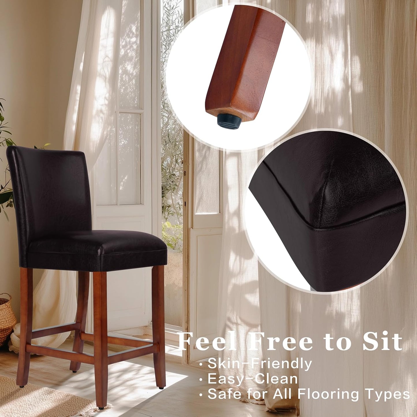 HomePop Home Decor | Classic Counter Height Bar Stools | 29 Inch Bar Stools | Decorative Home Furniture (Dark Brown Faux Leather) Single Pack